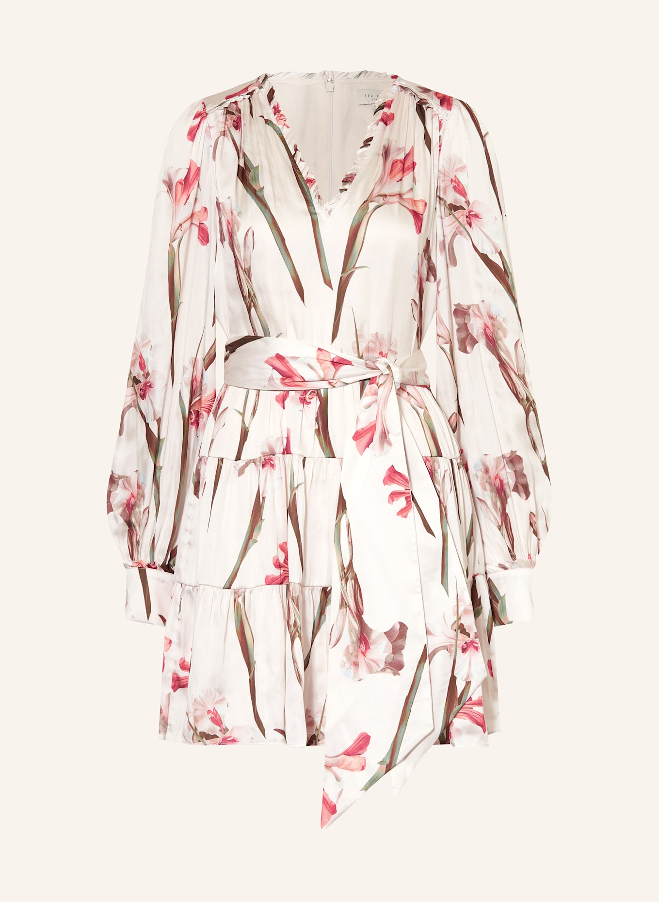 TED BAKER CUIABA satin dress with ruffles: ECRU / PINK / GREEN