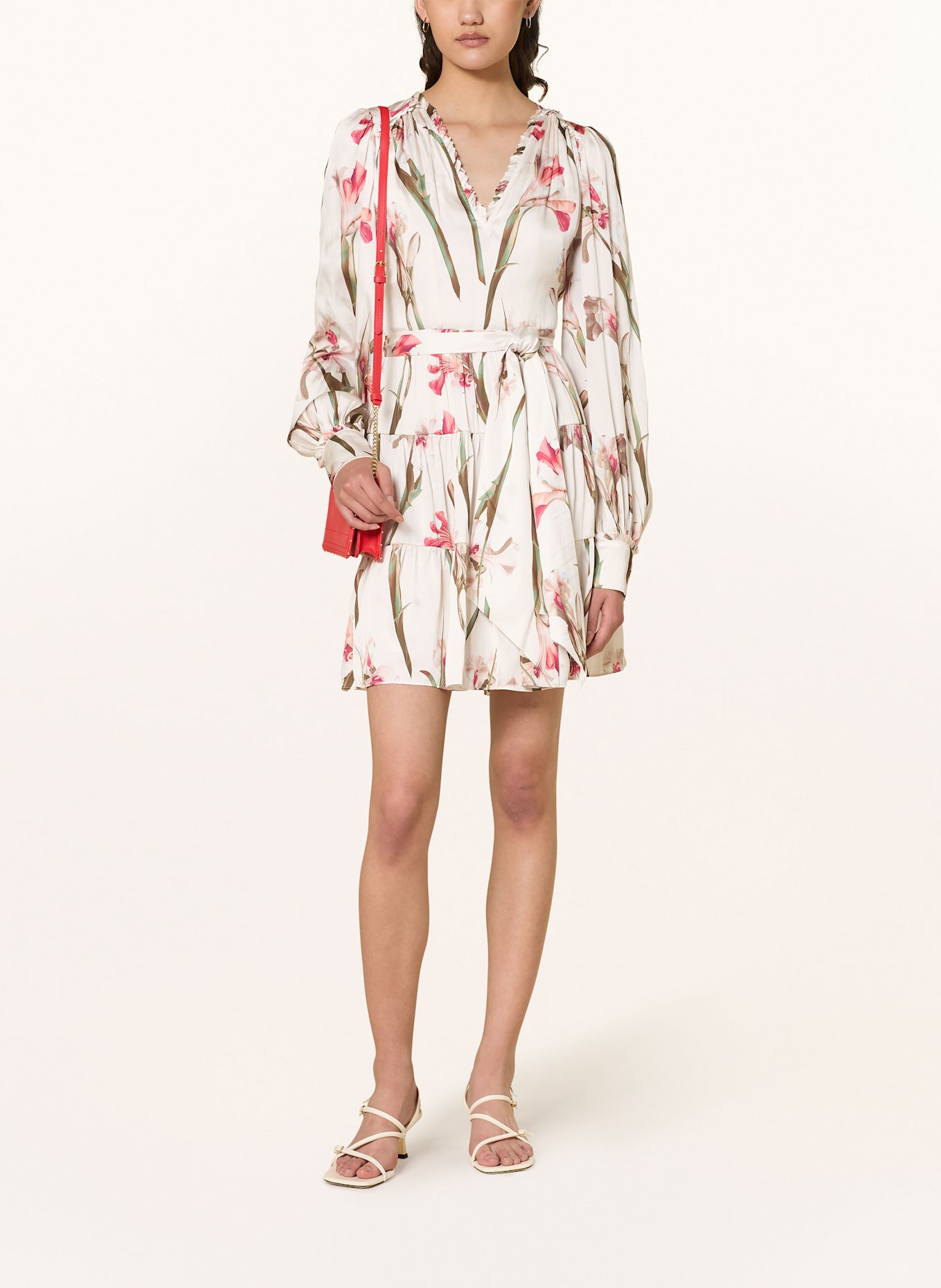 TED BAKER CUIABA satin dress with ruffles: ECRU / PINK / GREEN