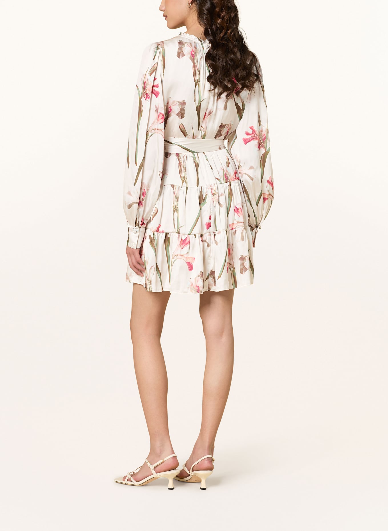 TED BAKER CUIABA satin dress with ruffles: ECRU / PINK / GREEN