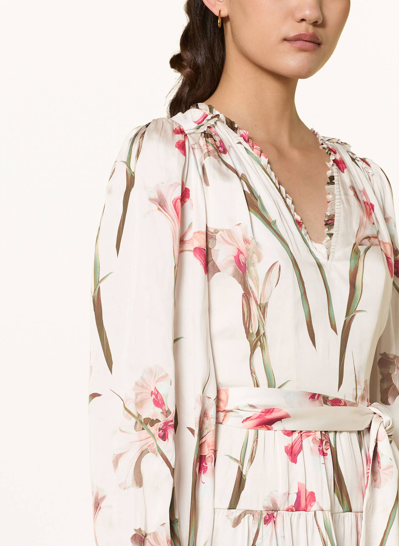 TED BAKER CUIABA satin dress with ruffles: ECRU / PINK / GREEN