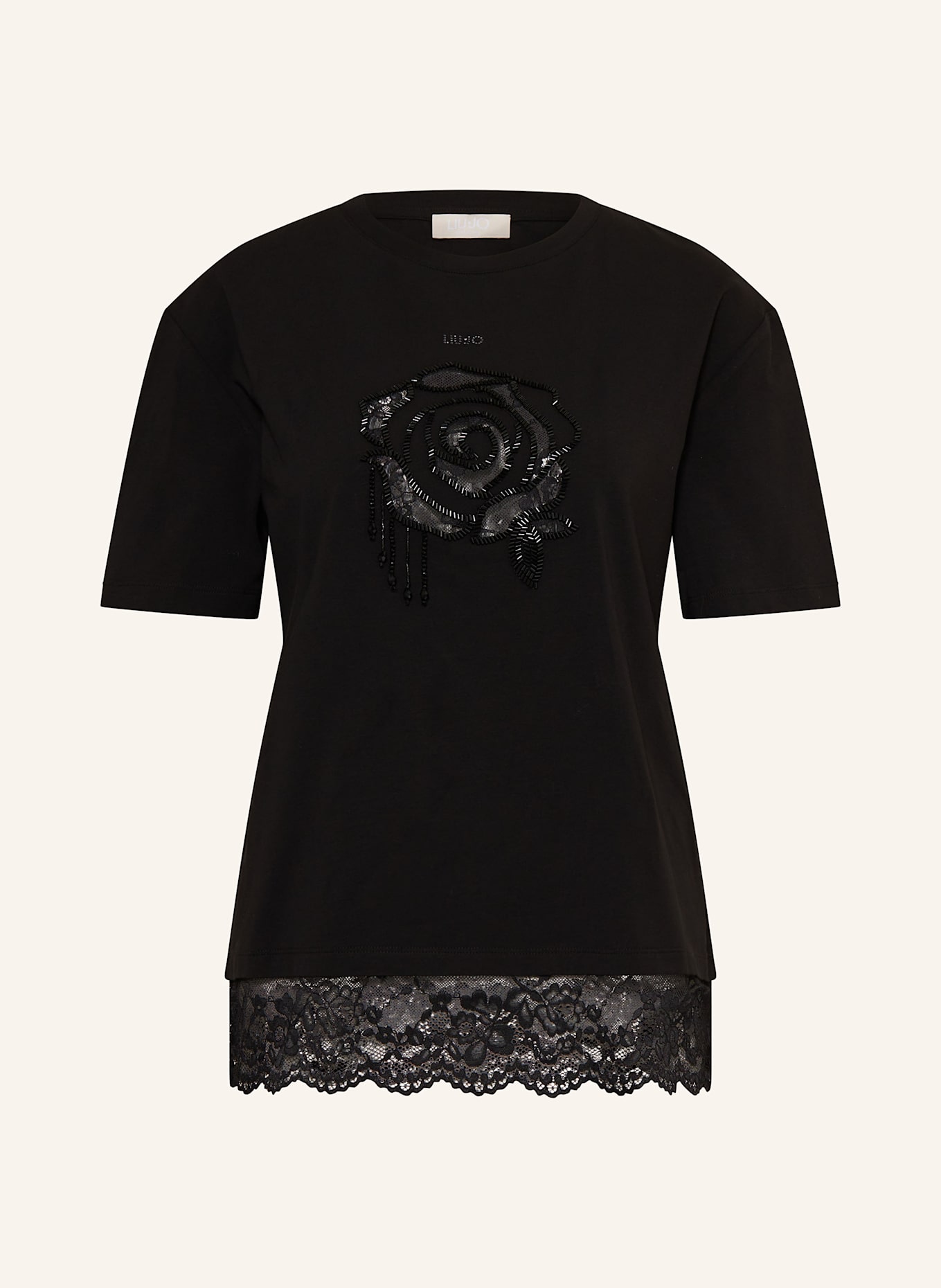 LIU JO T-shirt z koronką i ozdobnymi kamykami: CZARNY