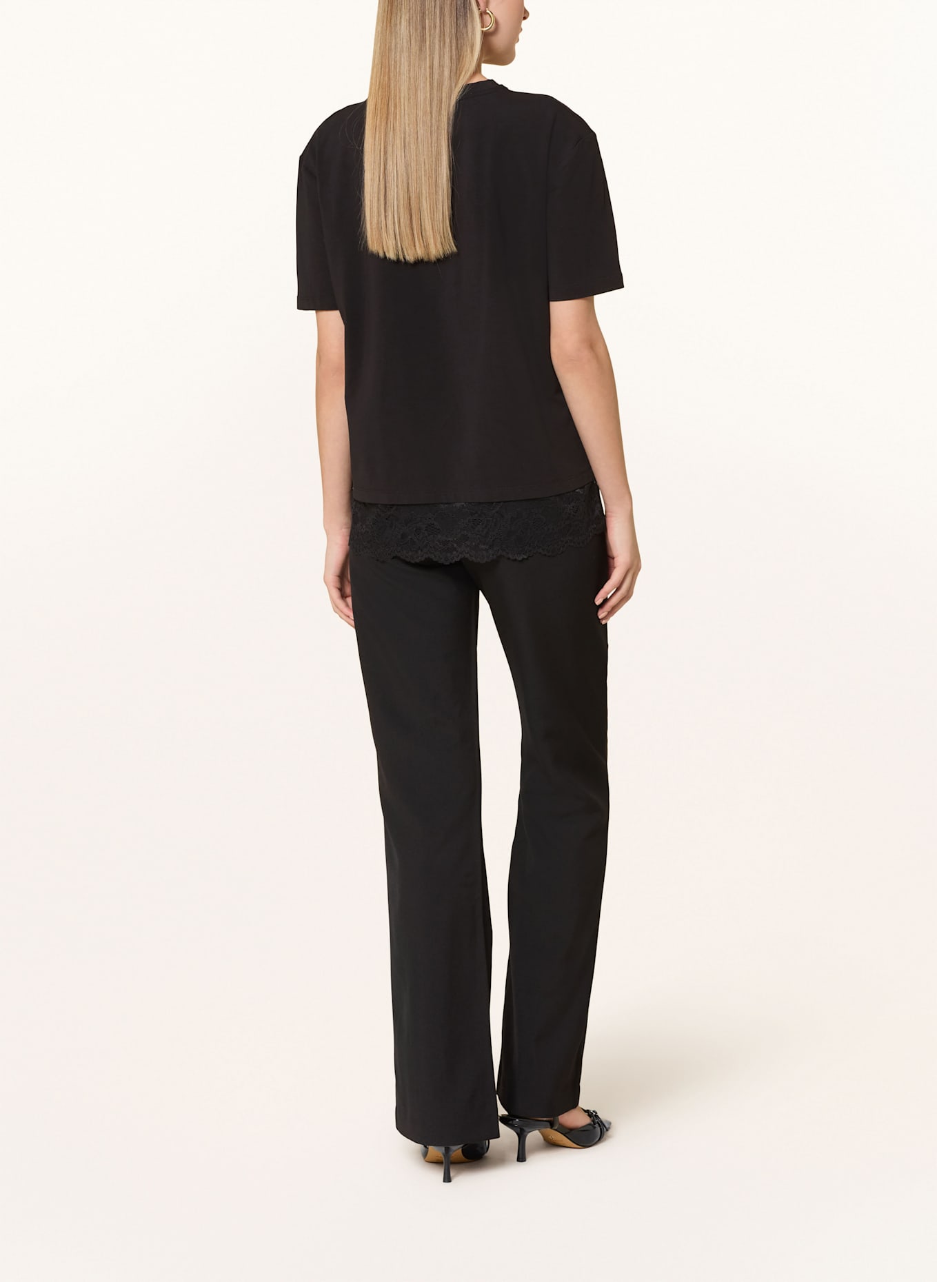 LIU JO T-shirt z koronką i ozdobnymi kamykami: CZARNY