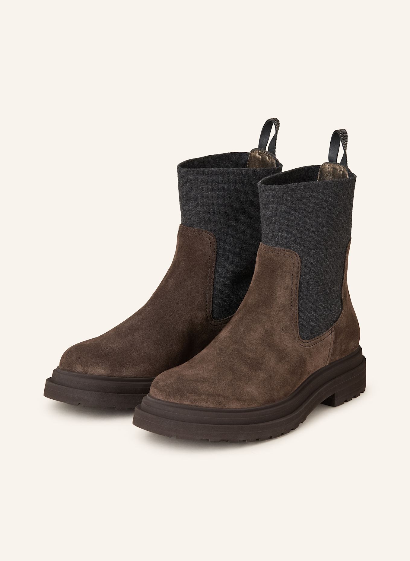 BRUNELLO CUCINELLI Chelsea-Boots mit Schmucksteinen: DUNKELBRAUN / DUNKELGRAU