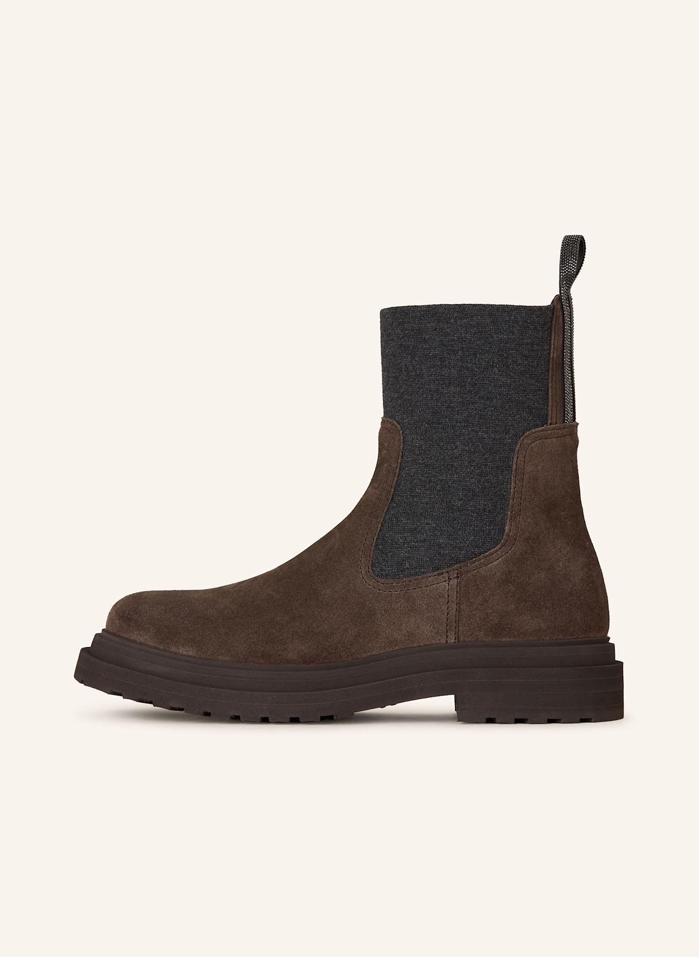 BRUNELLO CUCINELLI Chelsea-Boots mit Schmucksteinen: DUNKELBRAUN / DUNKELGRAU