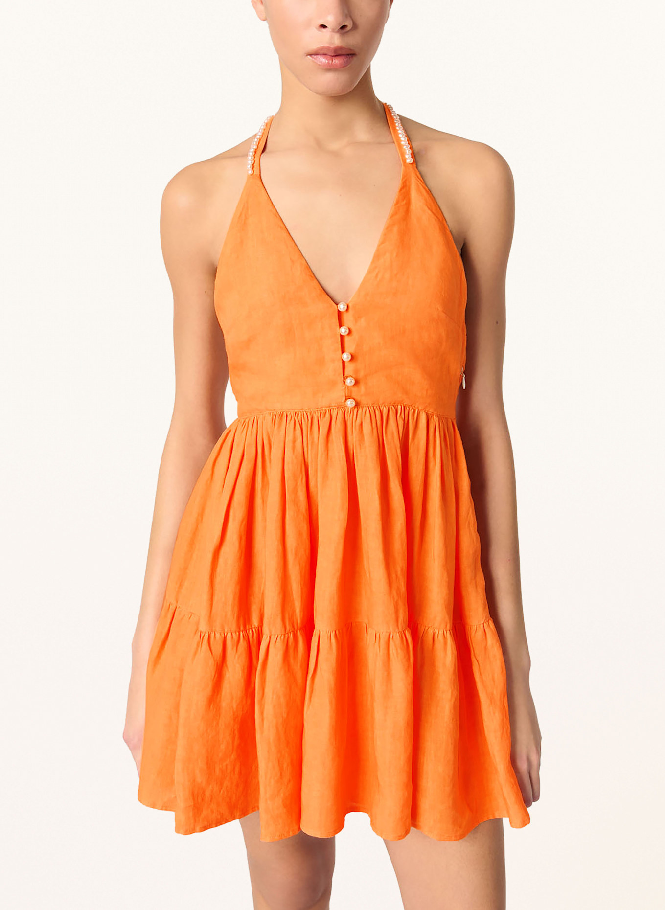 maje Leinenkleid mit Schmuckperlen und Volants: ORANGE