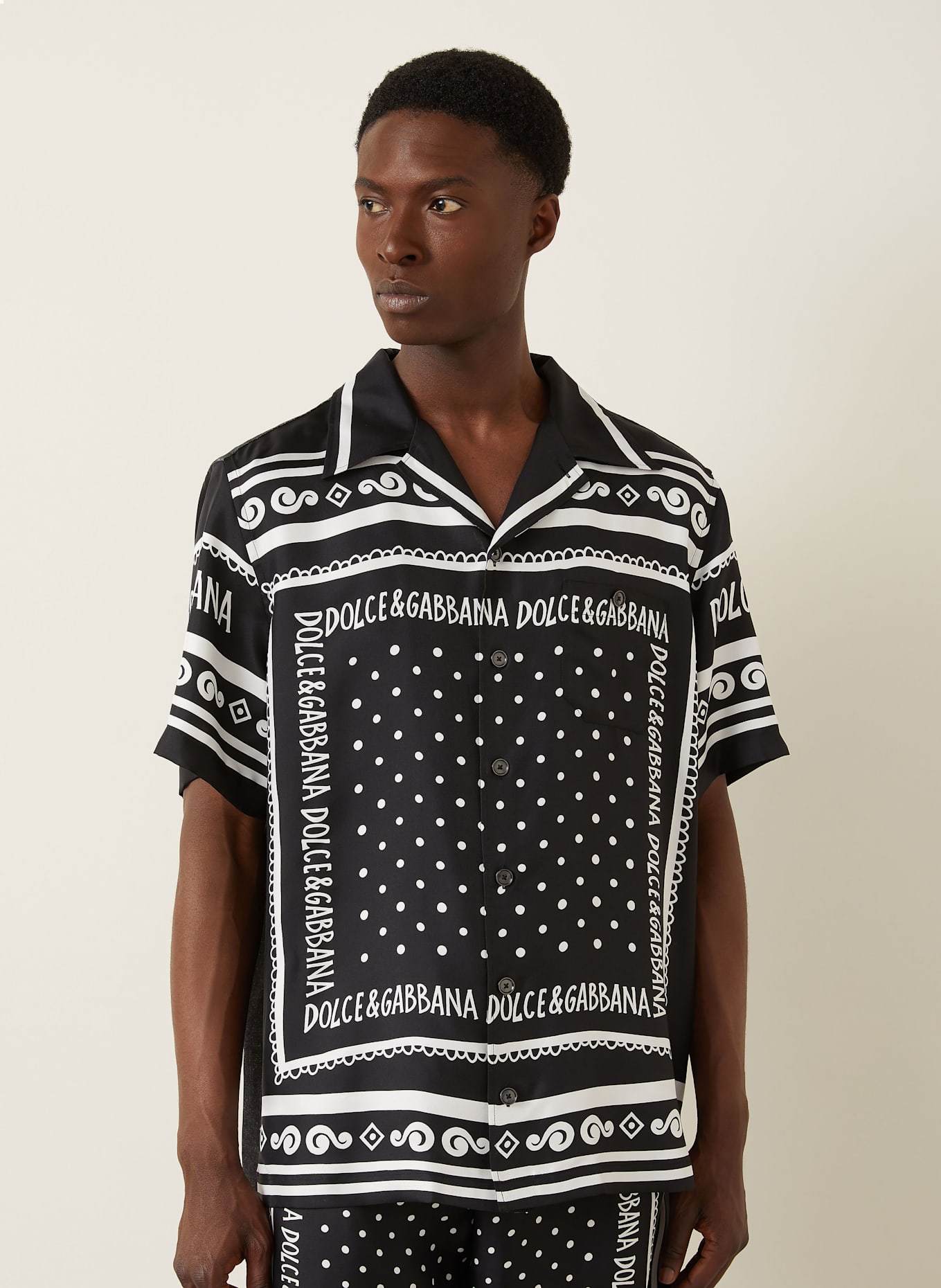 DOLCE & GABBANA Resorthemd Regular Fit im Materialmix mit Seide: SCHWARZ/ WEISS