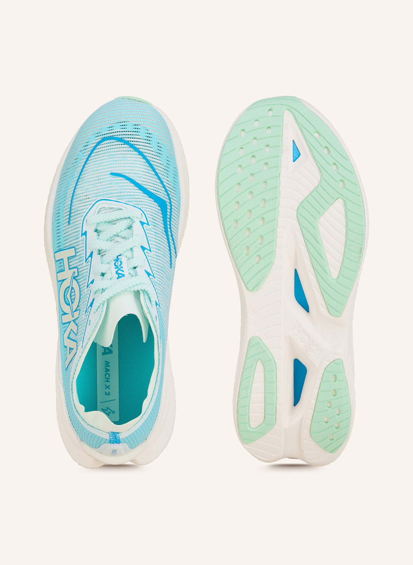 HOKA MACH X2 running shoes: WHITE / TURQUOISE