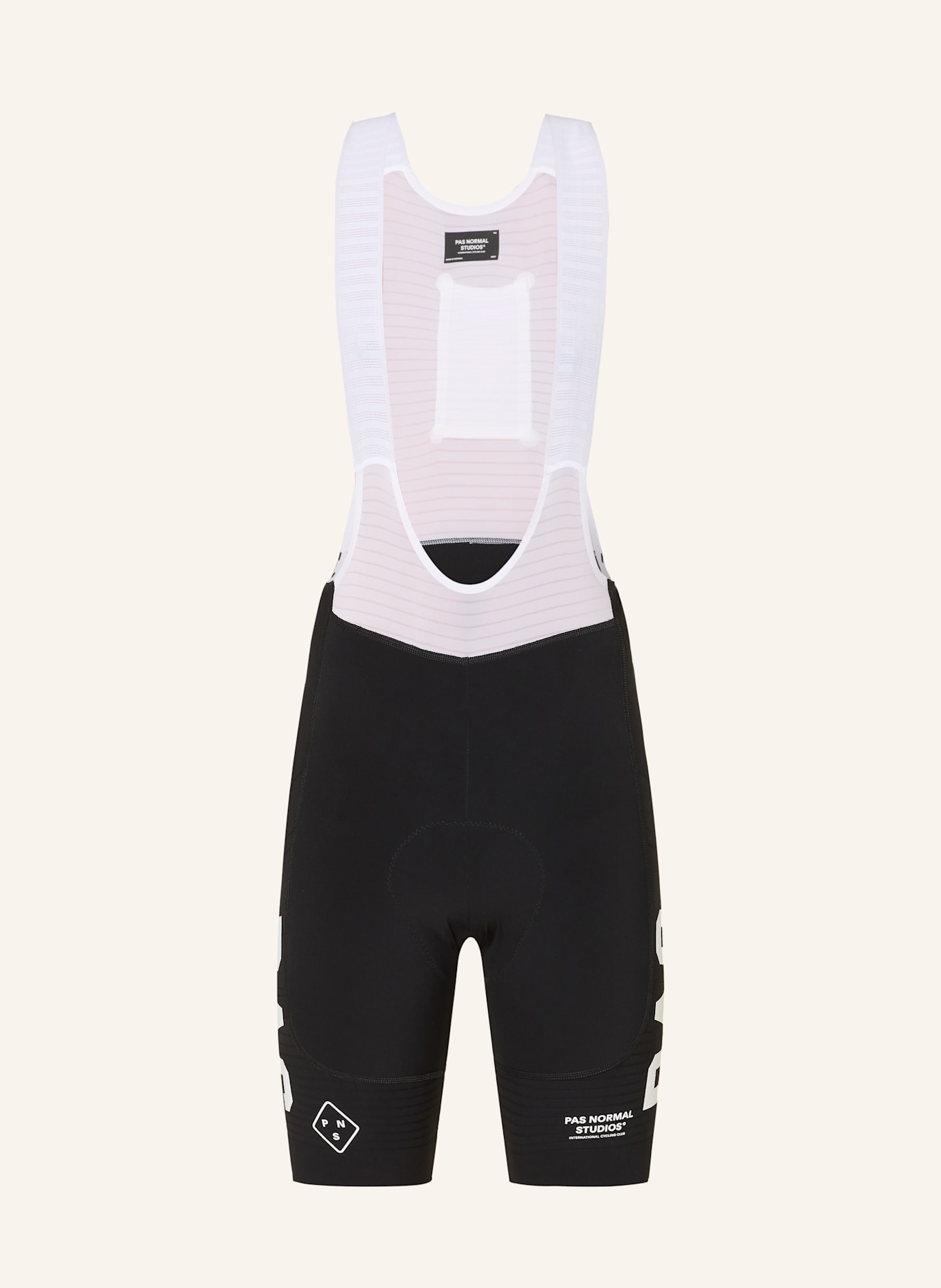 PAS NORMAL STUDIOS MECHANISM PRO BIBS cycling shorts with straps and padded insert: BLACK / WHITE