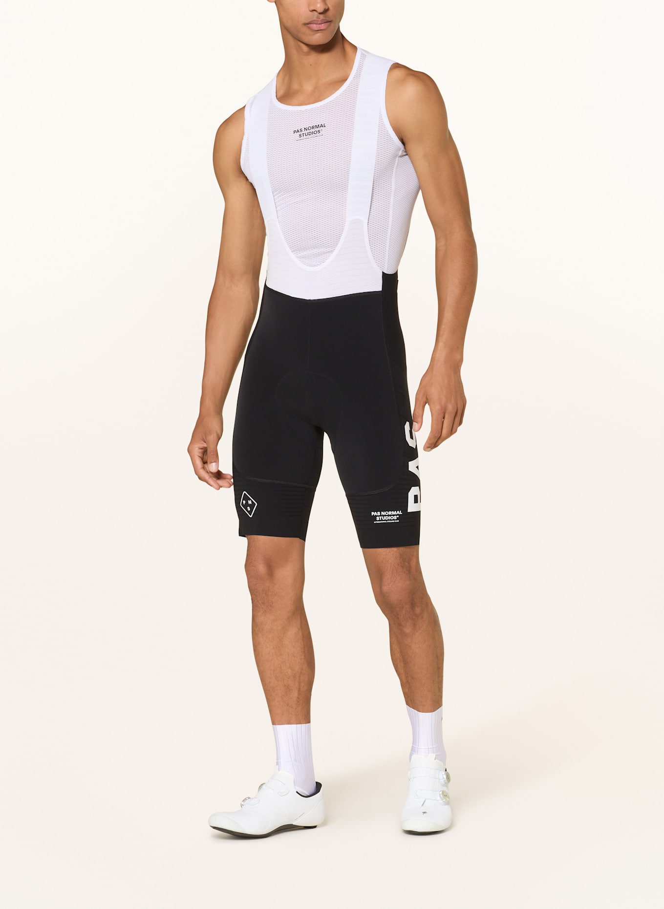 PAS NORMAL STUDIOS MECHANISM PRO BIBS cycling shorts with straps and padded insert: BLACK / WHITE