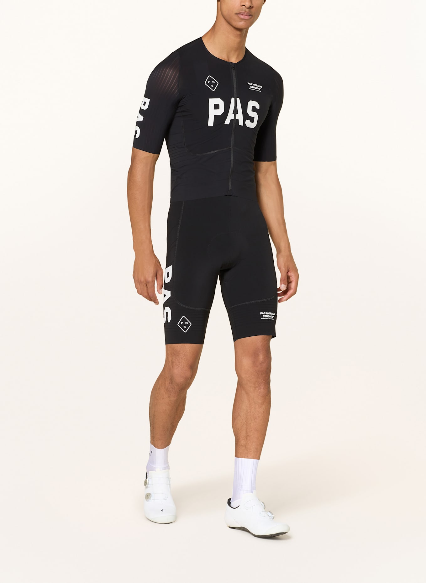 PAS NORMAL STUDIOS MECHANISM PRO BIBS cycling shorts with straps and padded insert: BLACK / WHITE