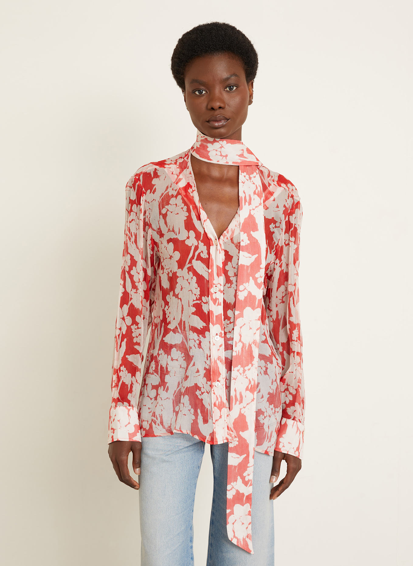 VICTORIA BECKHAM Silk blouse with bow: LIGHT RED/ ECRU
