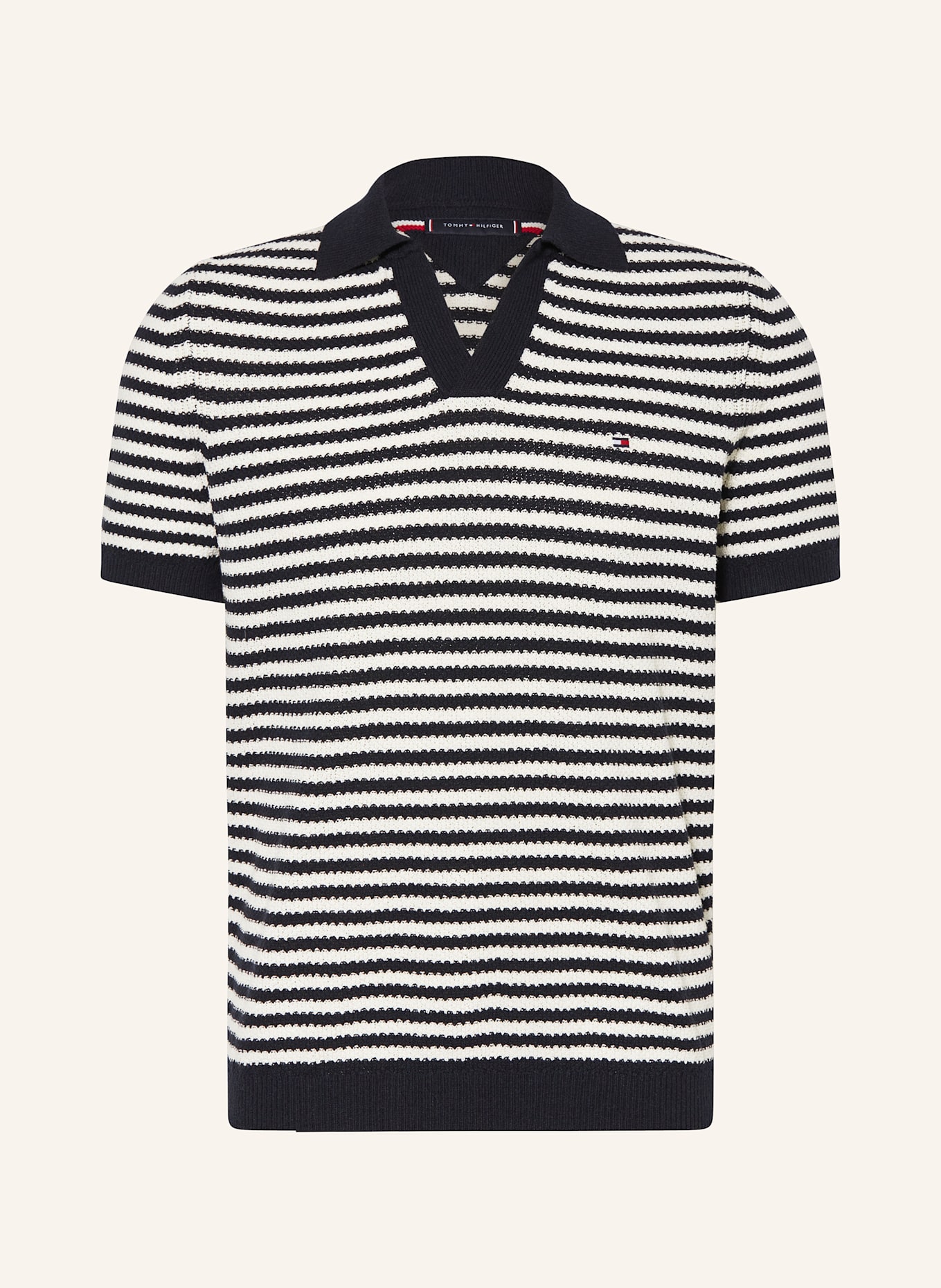 TOMMY HILFIGER Strick-Poloshirt Regular Fit: ECRU/ DUNKELBLAU