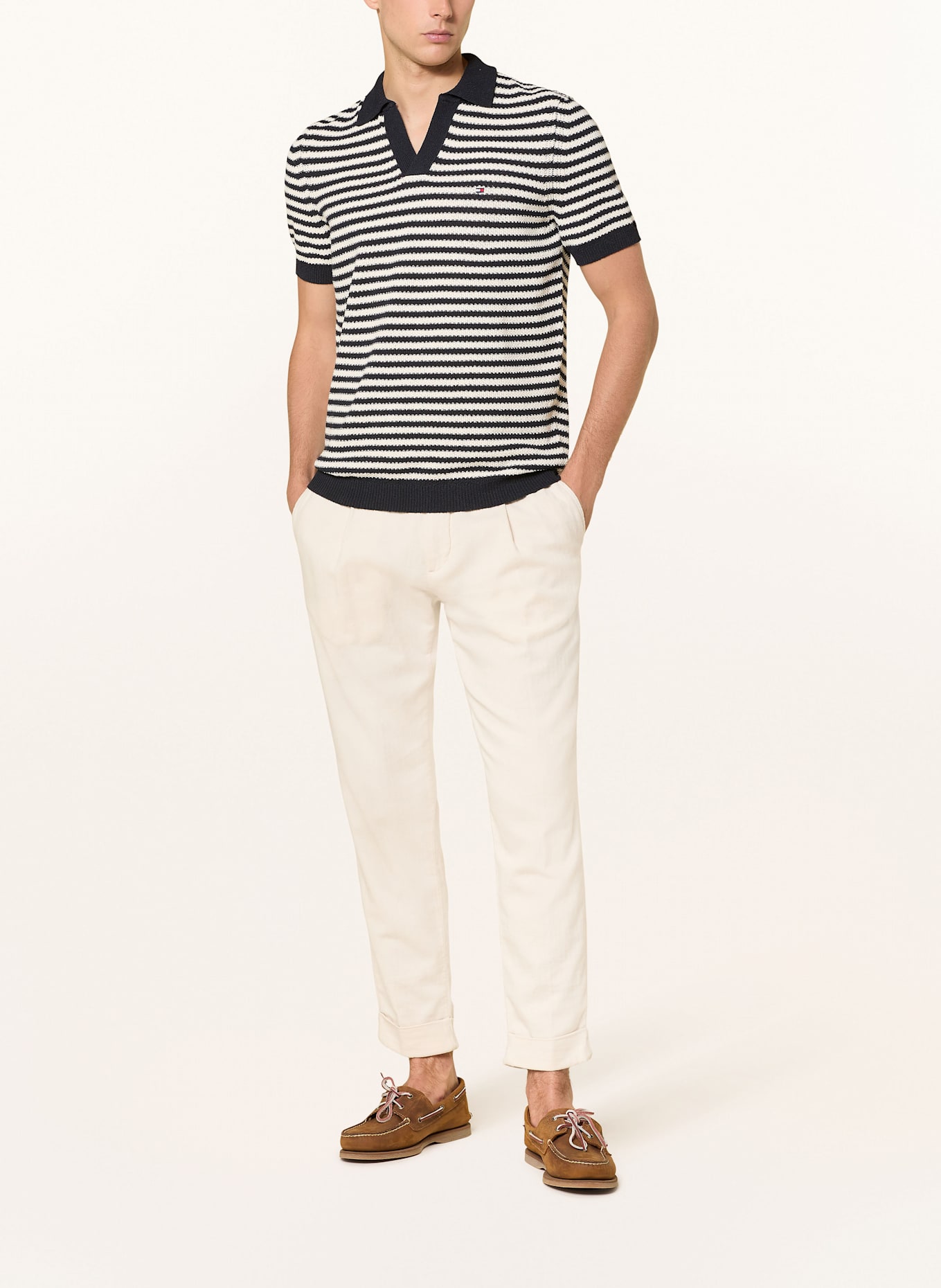 TOMMY HILFIGER Strick-Poloshirt Regular Fit: ECRU/ DUNKELBLAU