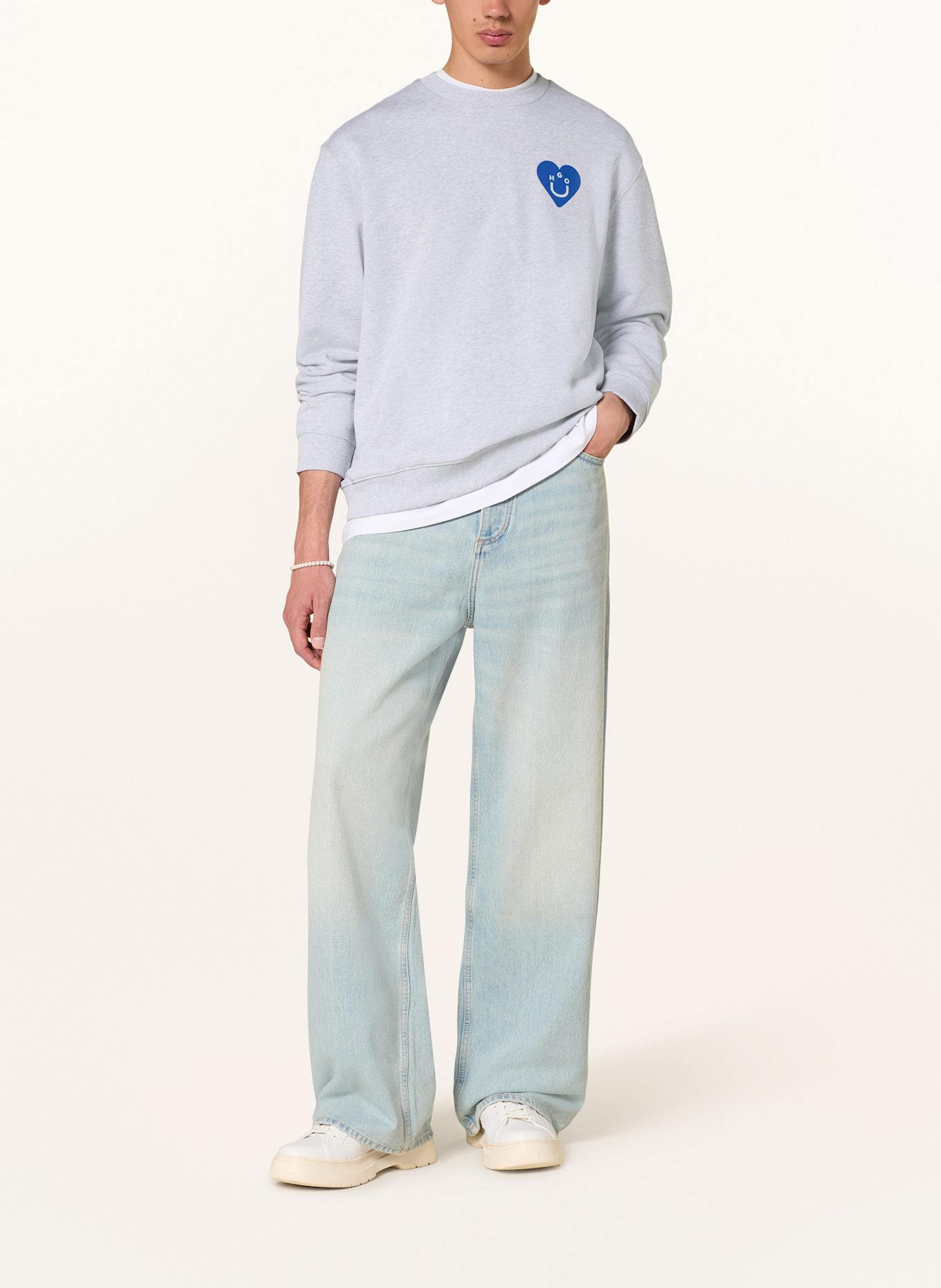 HUGO BLUE Oversized sweatshirt CREW: LIGHT GRAY/ BLUE/ BLACK