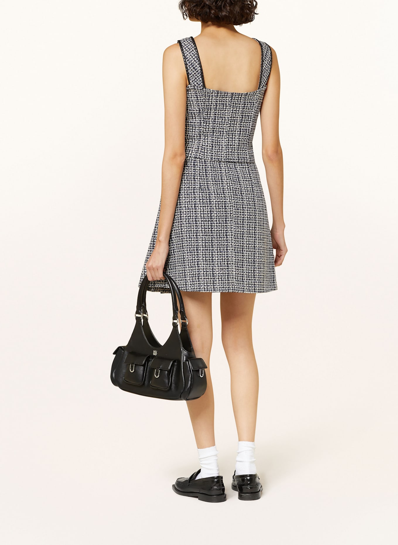 HUGO Faltenrock RATIRA aus Tweed: SCHWARZ / WEISS / DUNKELBLAU