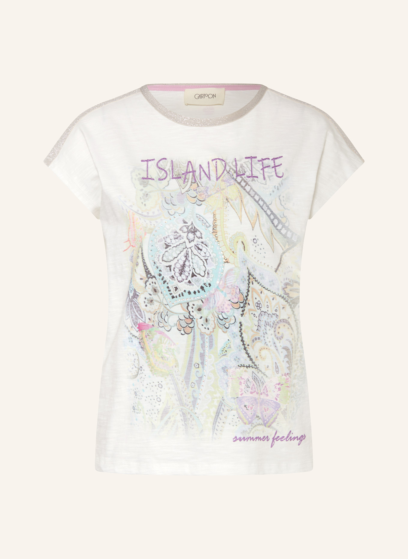 CARTOON T-Shirt mit Schmucksteinen und Glitzergarn: WEISS