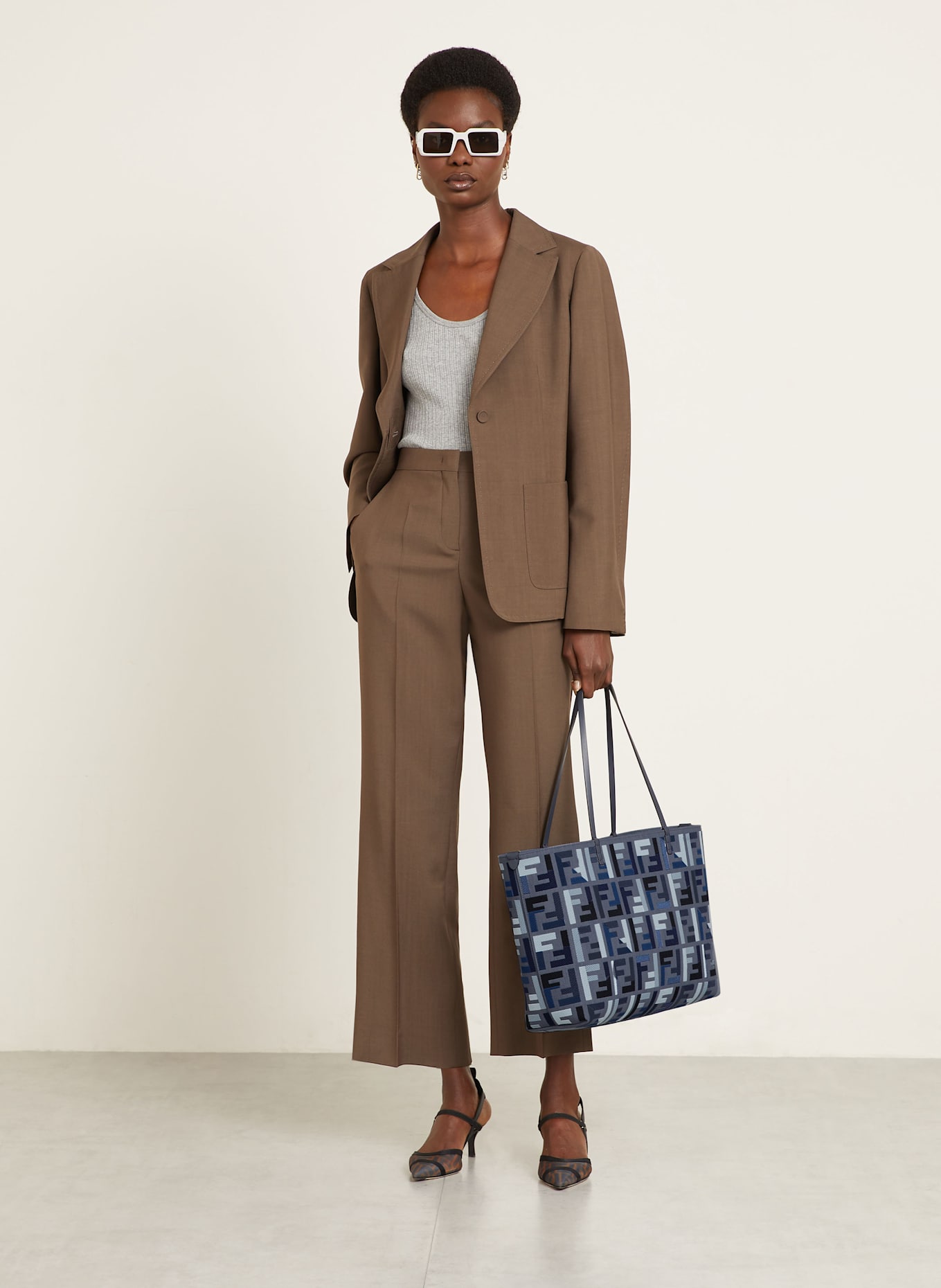 FENDI Shopper ROLL LARGE mit Pouch: BLAUGRAU / SCHWARZ / GRAU