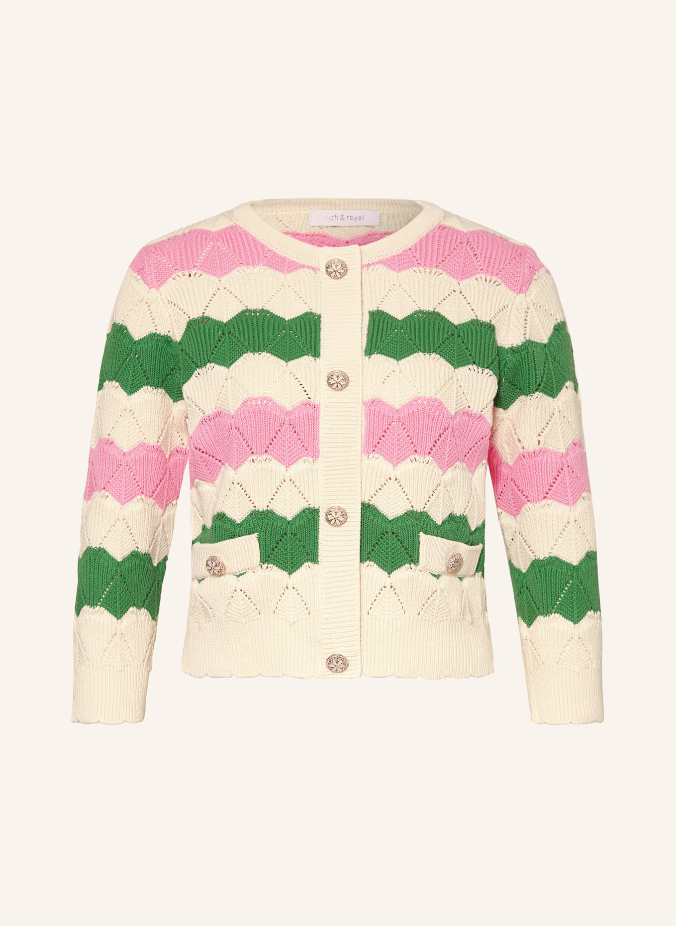 Rich & Royal Cardigan with decorative buttons: PINK / GREEN / CREAM