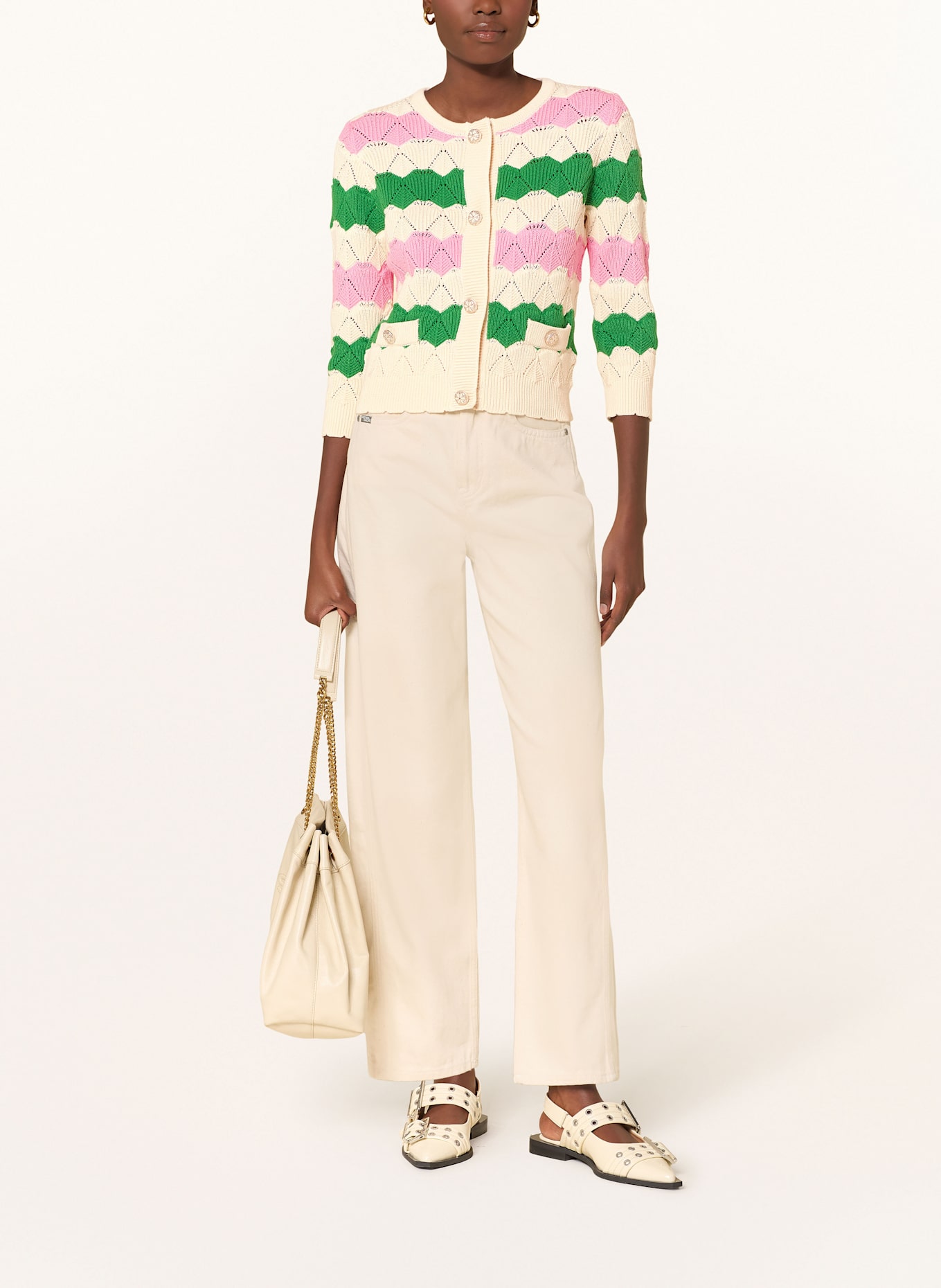 Rich & Royal Cardigan with decorative buttons: PINK / GREEN / CREAM