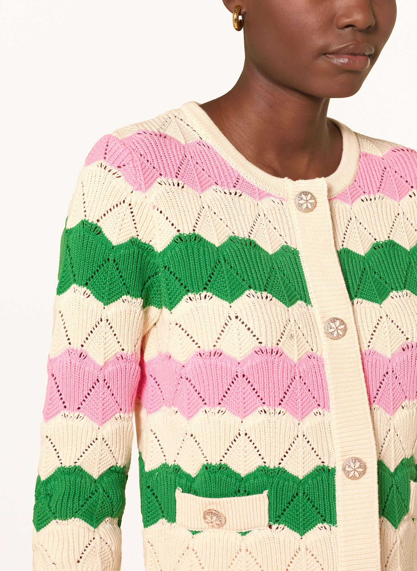 Rich & Royal Cardigan with decorative buttons: PINK / GREEN / CREAM