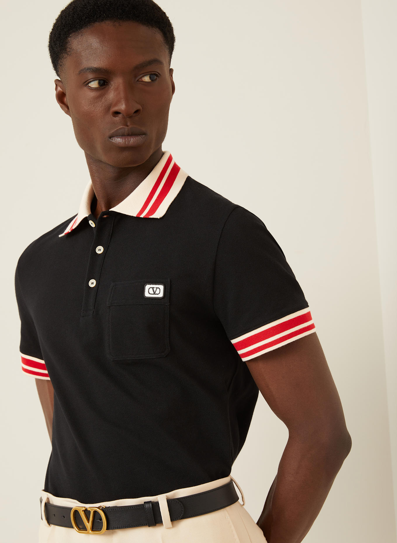 VALENTINO Pique-Poloshirt: SCHWARZ/ ROT/ ECRU