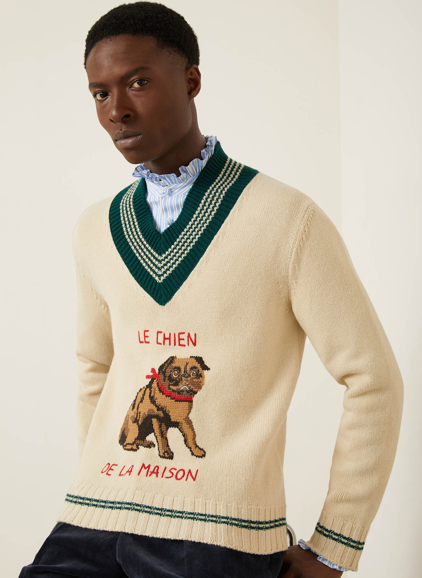 VALENTINO Sweater: ECRU/ DARK GREEN