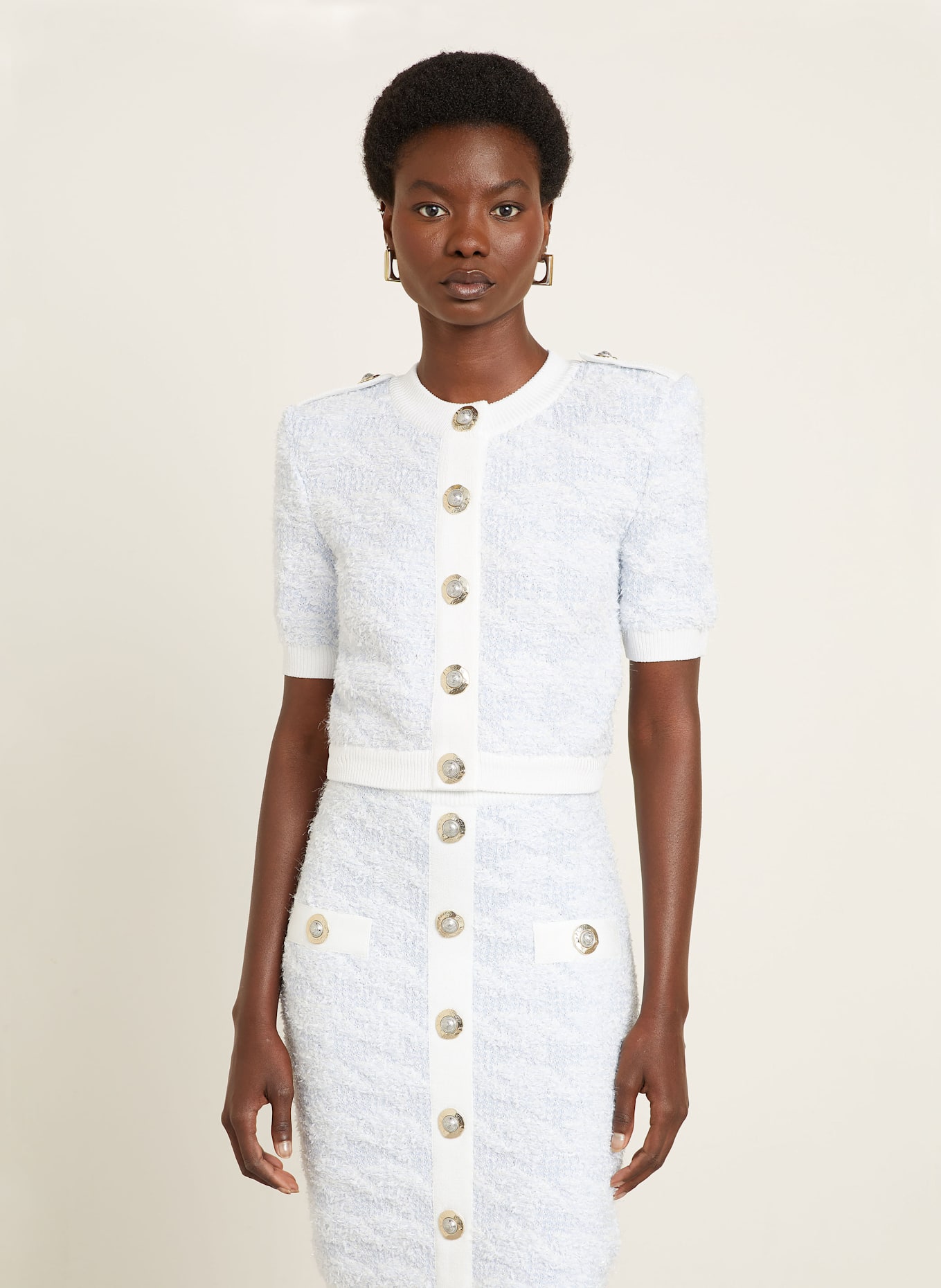 BALMAIN Strickjacke: WEISS / HELLBLAU