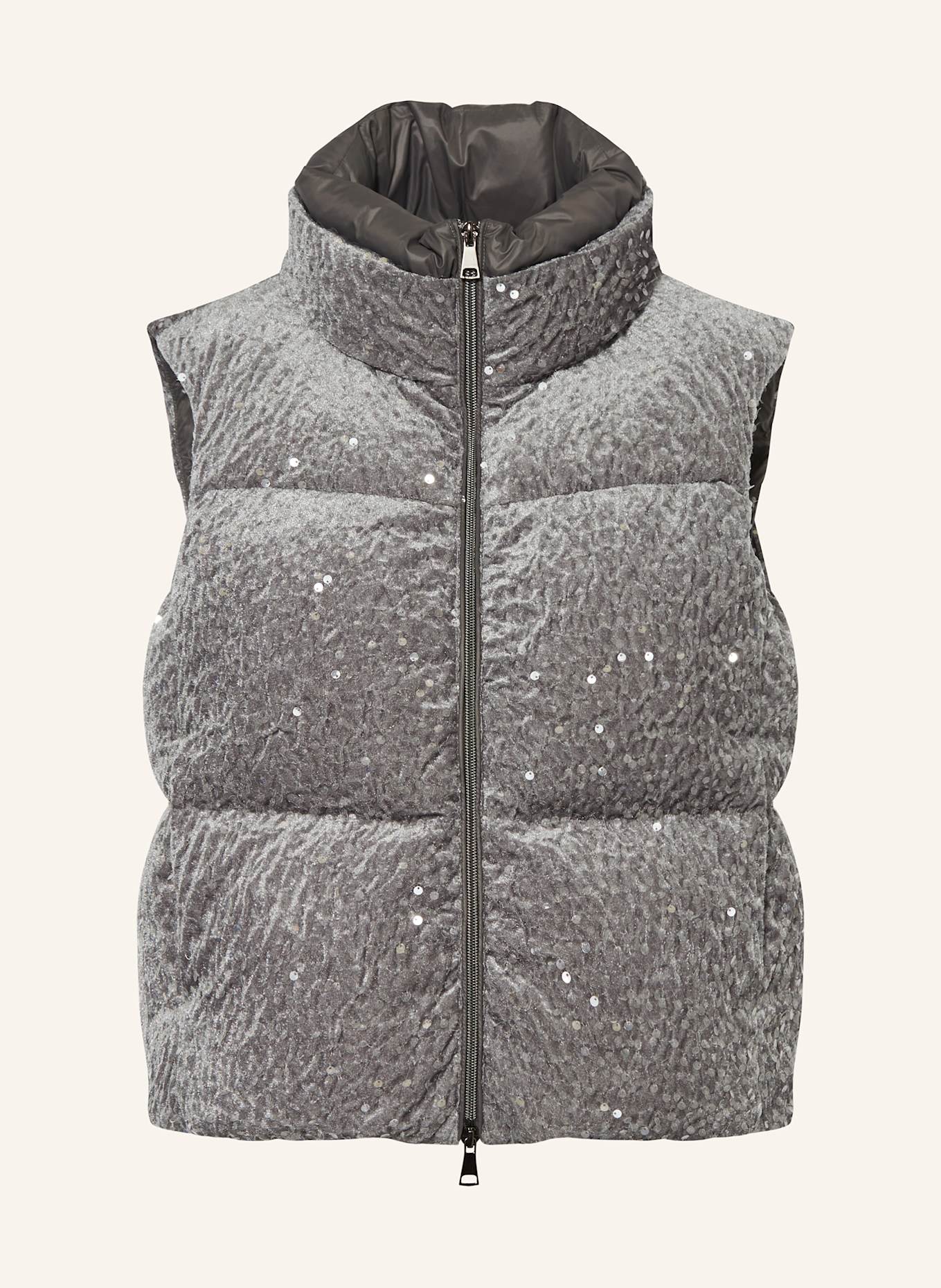 LUISA CERANO Peříčková vesta s flitry: ŠEDÁ