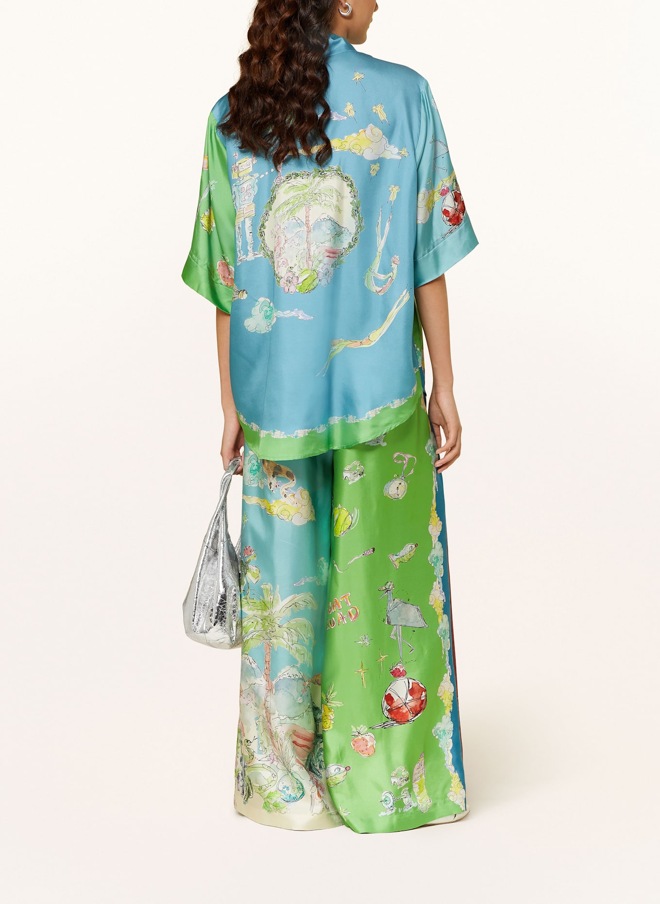 ALÉMAIS Marlenehose DARIA aus Seide: GRÜN / BLAU