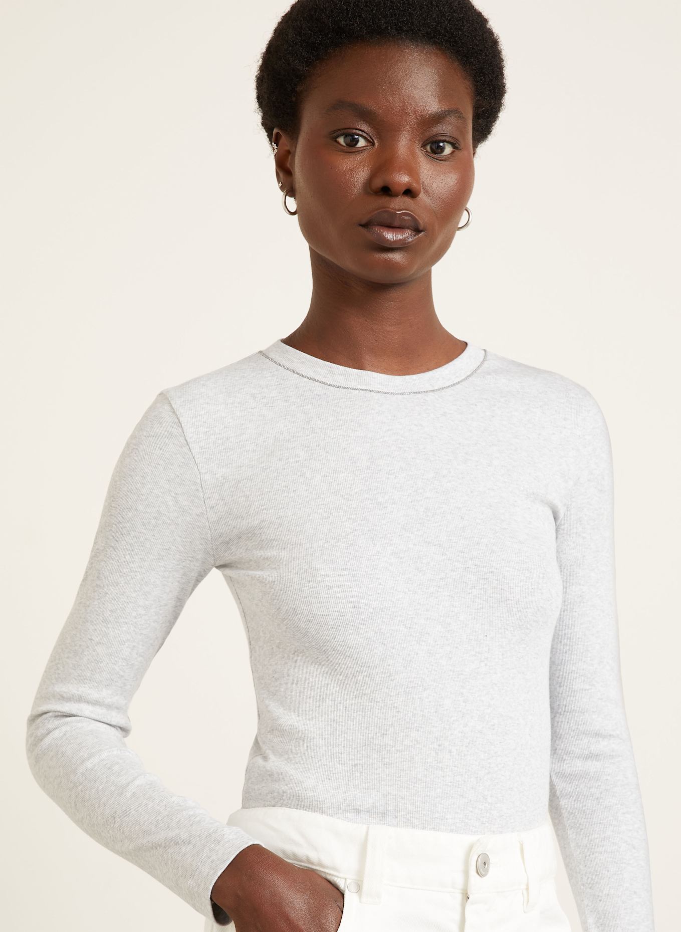 BRUNELLO CUCINELLI Longsleeve mit Schmuckperlen: HELLGRAU