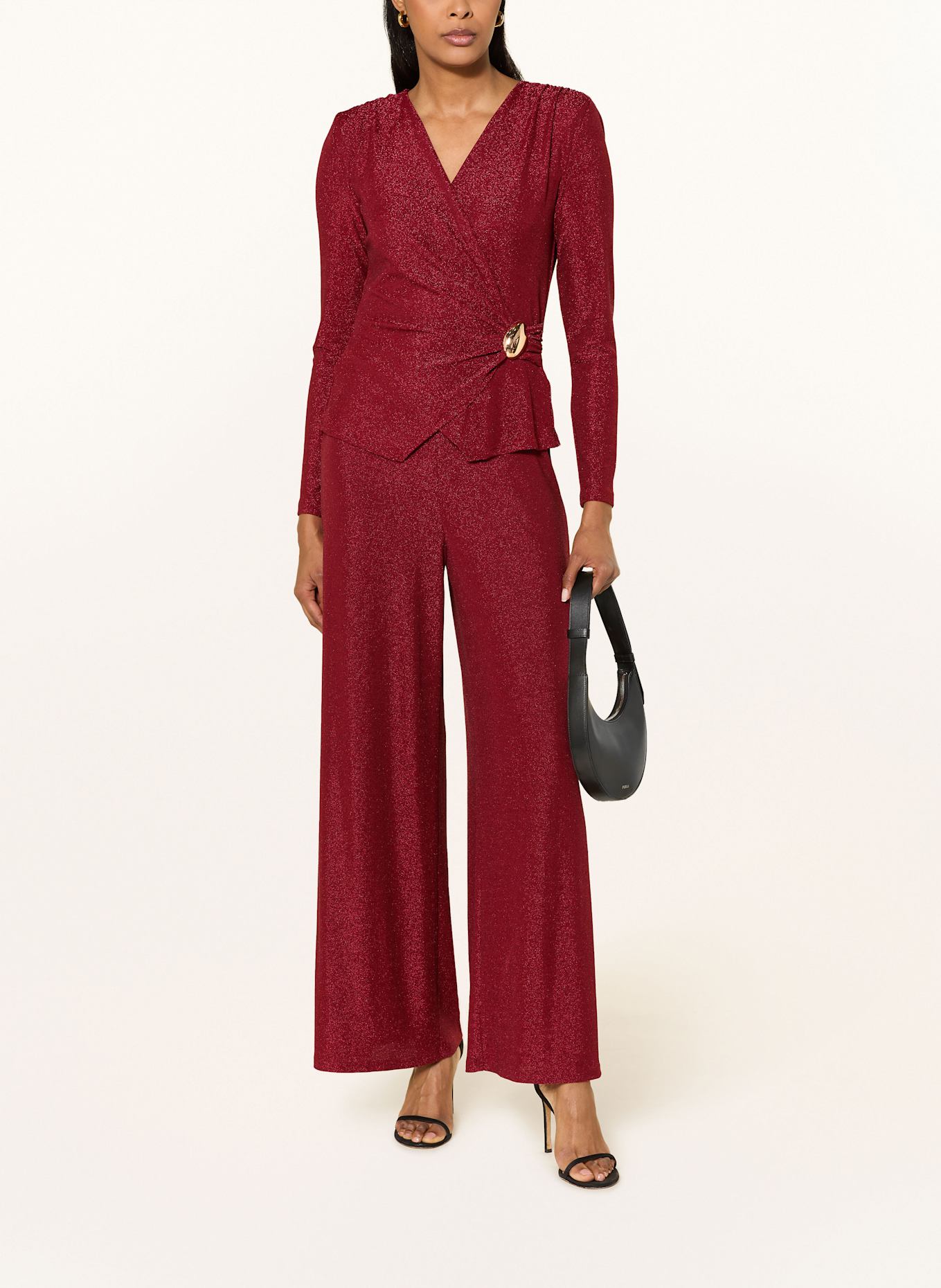 Joseph Ribkoff Jumpsuit in Wickeloptik mit Glitzergarn und Volants: ROT
