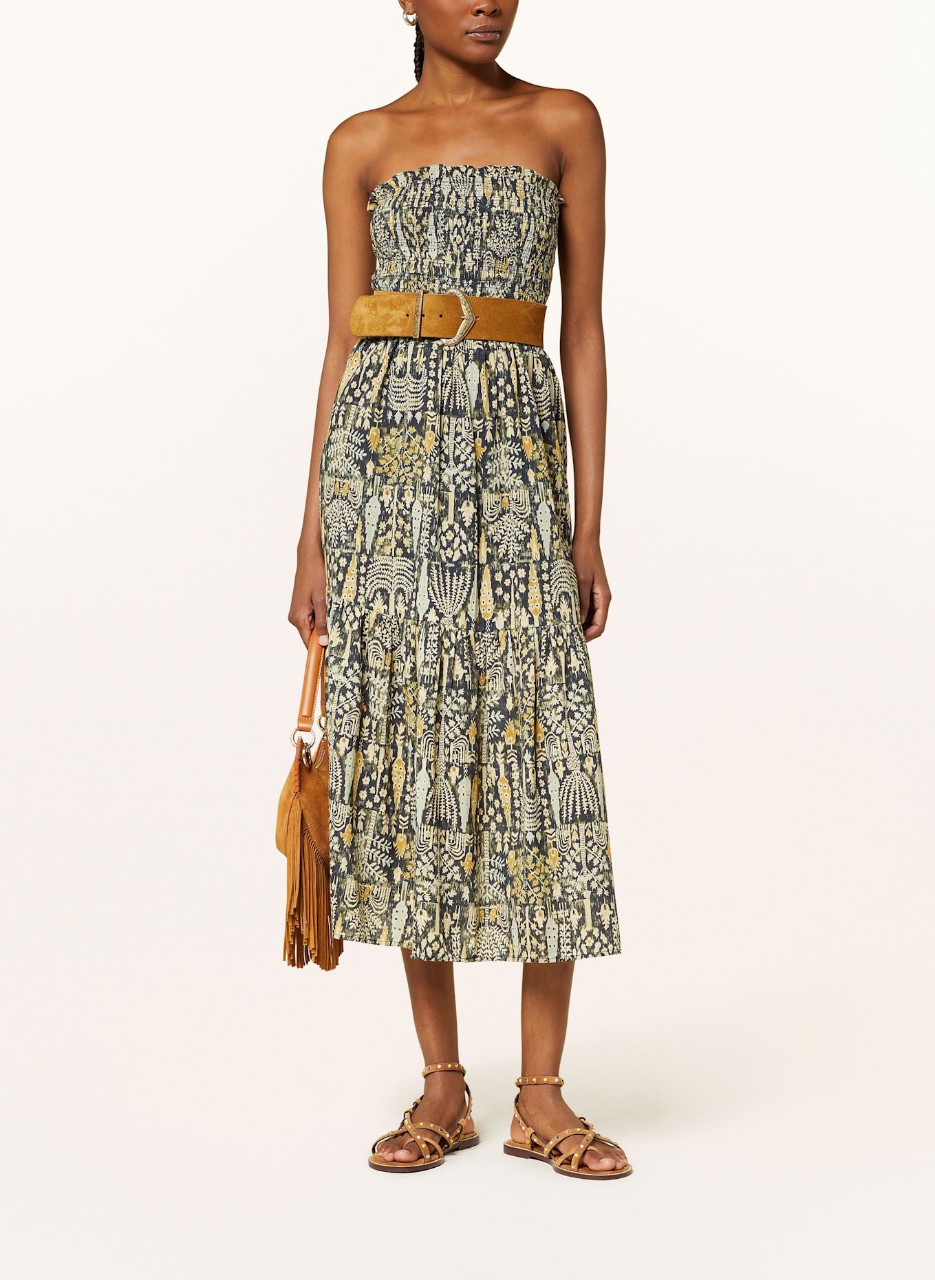 ba&sh Off-Shoulder šaty PIALA: KHAKI / TMAVĚ MODRÁ / TMAVĚ ŽLUTÁ