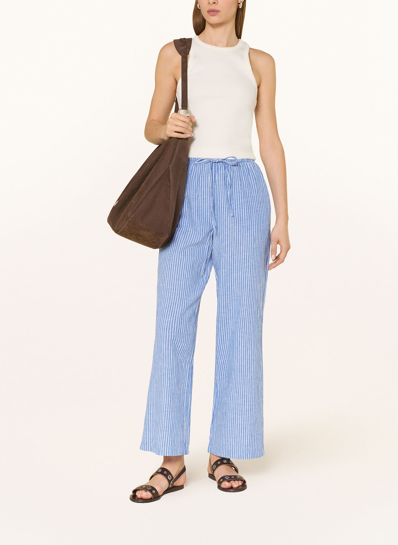 gina tricot Trousers with linen: BLUE/ WHITE