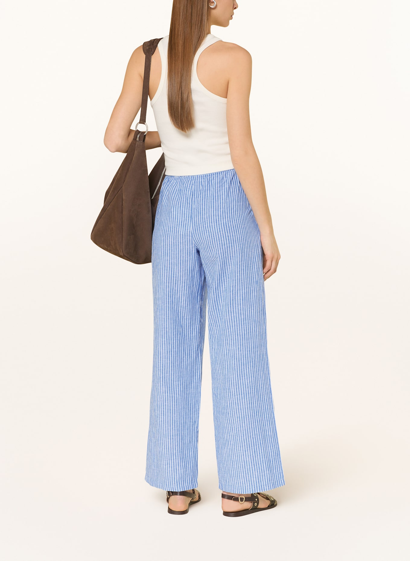 gina tricot Trousers with linen: BLUE/ WHITE