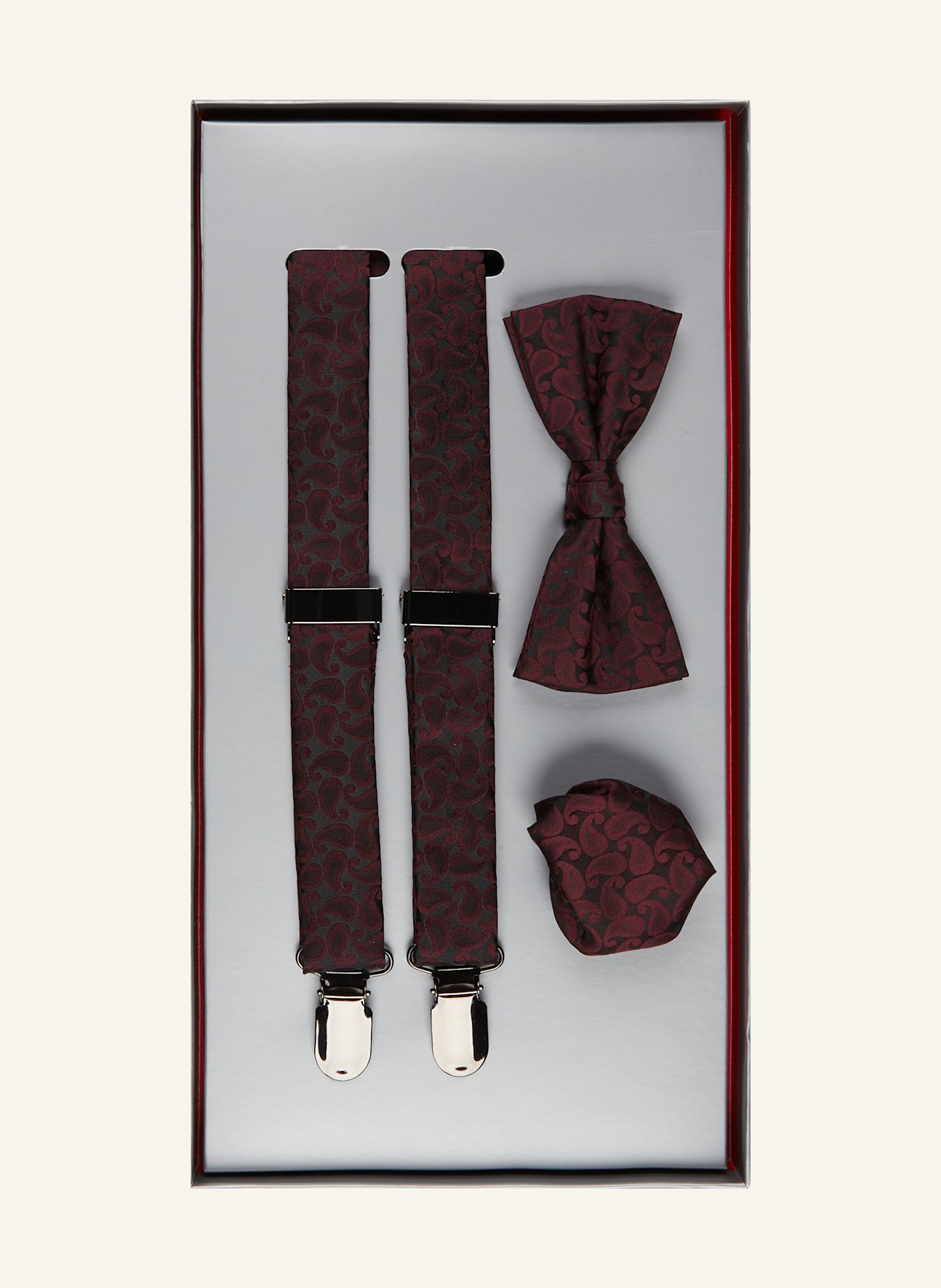 PAUL Set: Suspenders, bow tie and pocket square: 5060 BORDEAUX PAISLEY