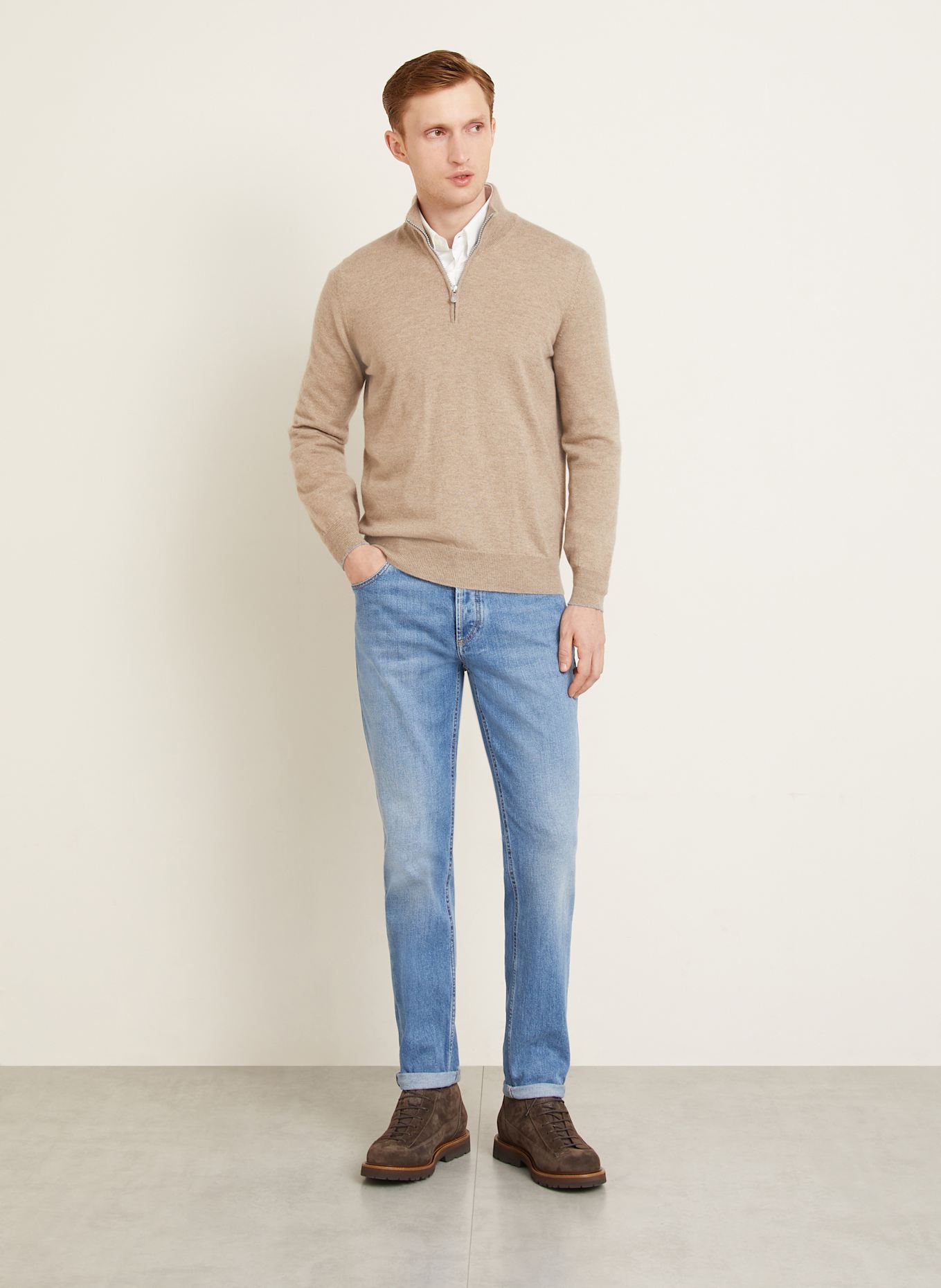BRUNELLO CUCINELLI Cashmere half-zip sweater in light brown