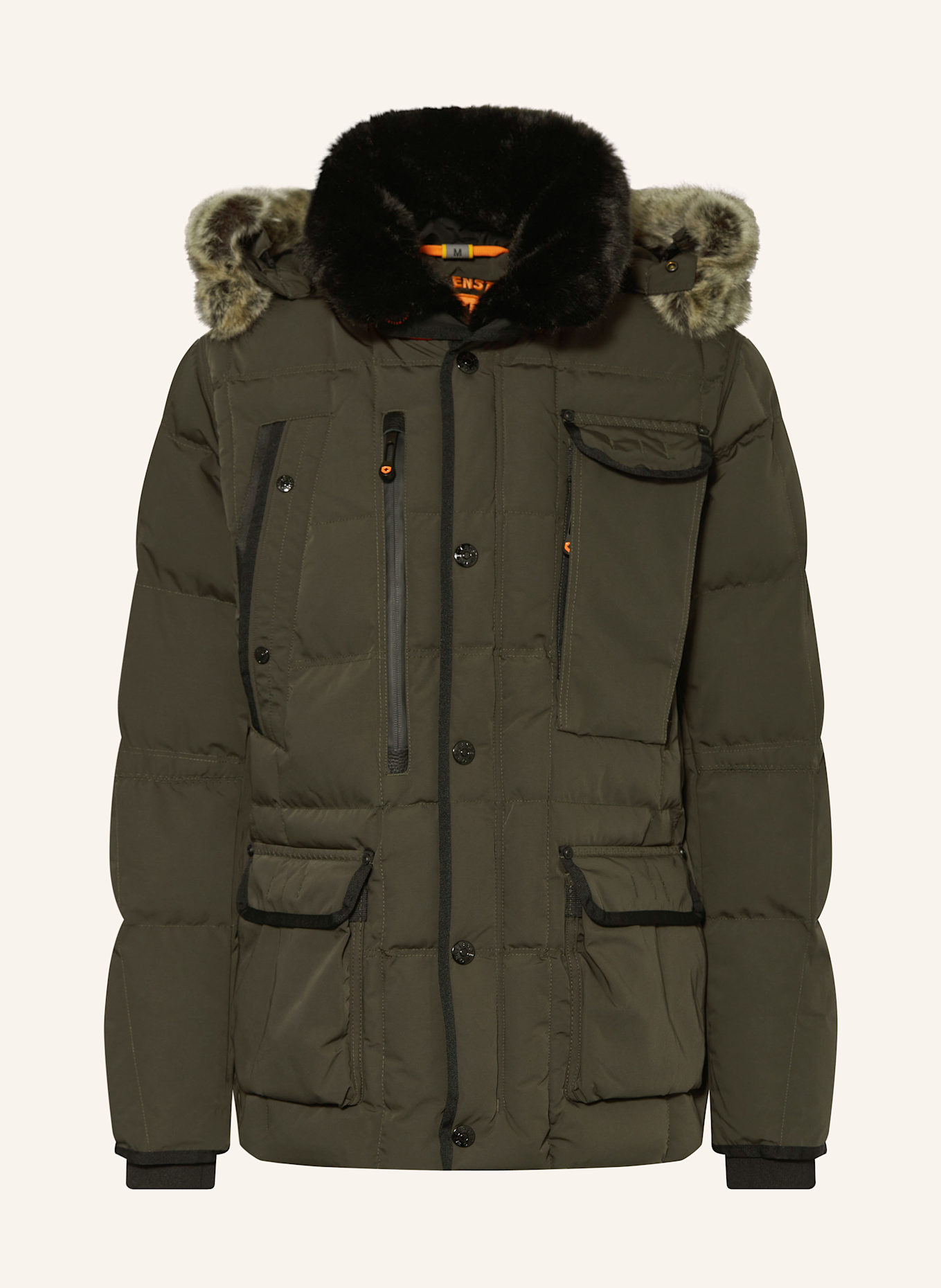 WELLENSTEYN Steppjacke MARVELLOUS mit Kunstpelz und SORONA® AURA-Isolierung: KHAKI/ NEONORANGE/ SCHWARZ