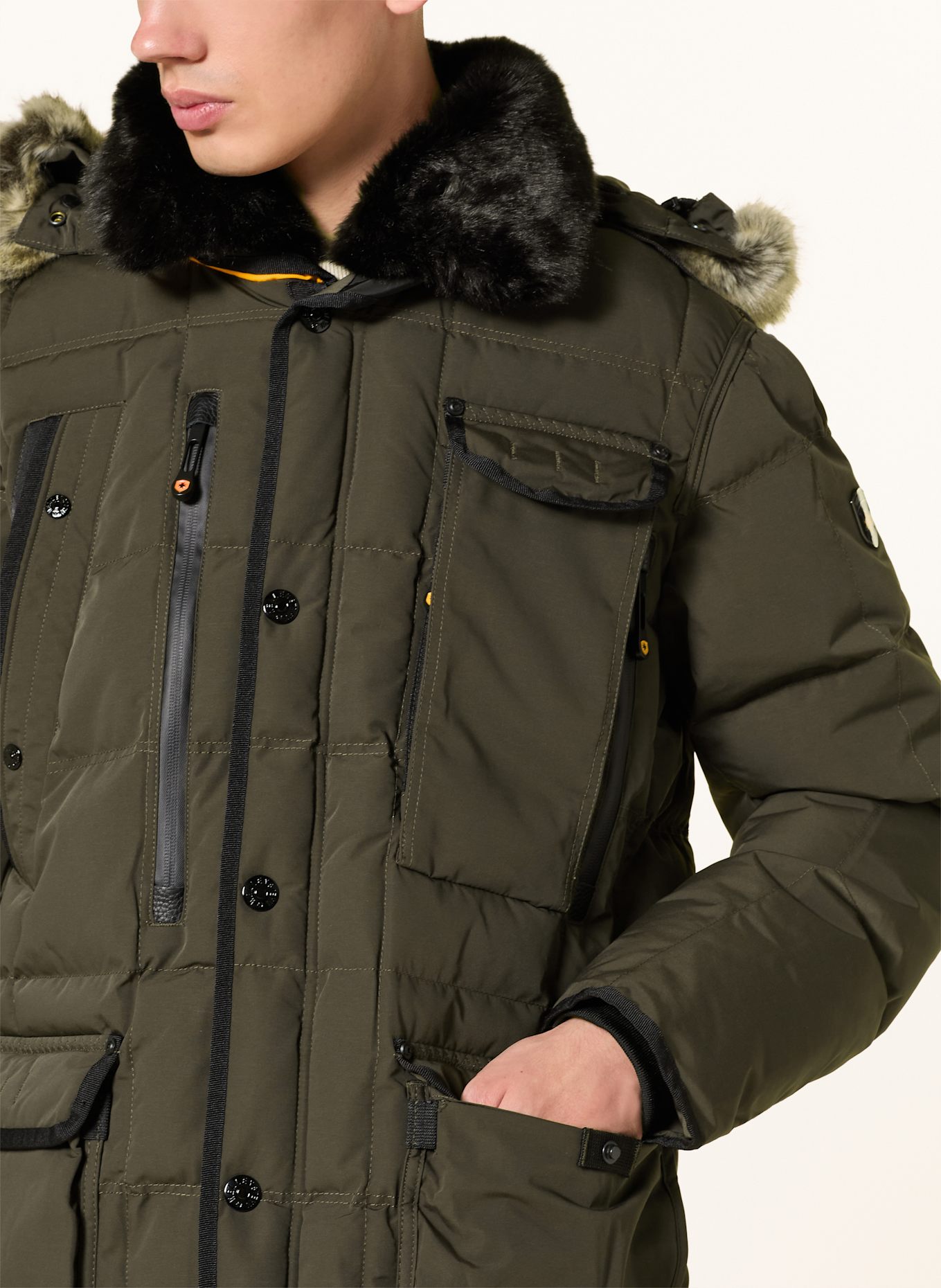 WELLENSTEYN Steppjacke MARVELLOUS mit Kunstpelz und SORONA® AURA-Isolierung: KHAKI/ NEONORANGE/ SCHWARZ