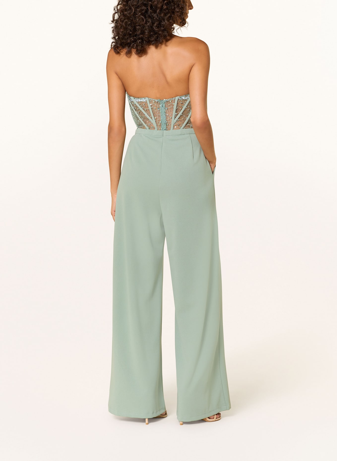 Hey Kyla Off-Shoulder-Jumpsuit mit Schmucksteinen: HELLGRÜN