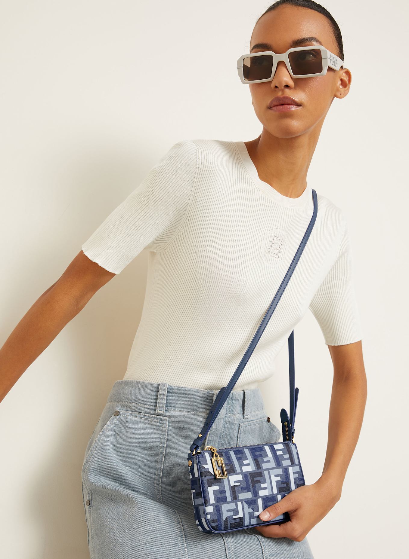 FENDI Umhängetasche BAGUETTE: BLAU/ BLAUGRAU/ WEISS