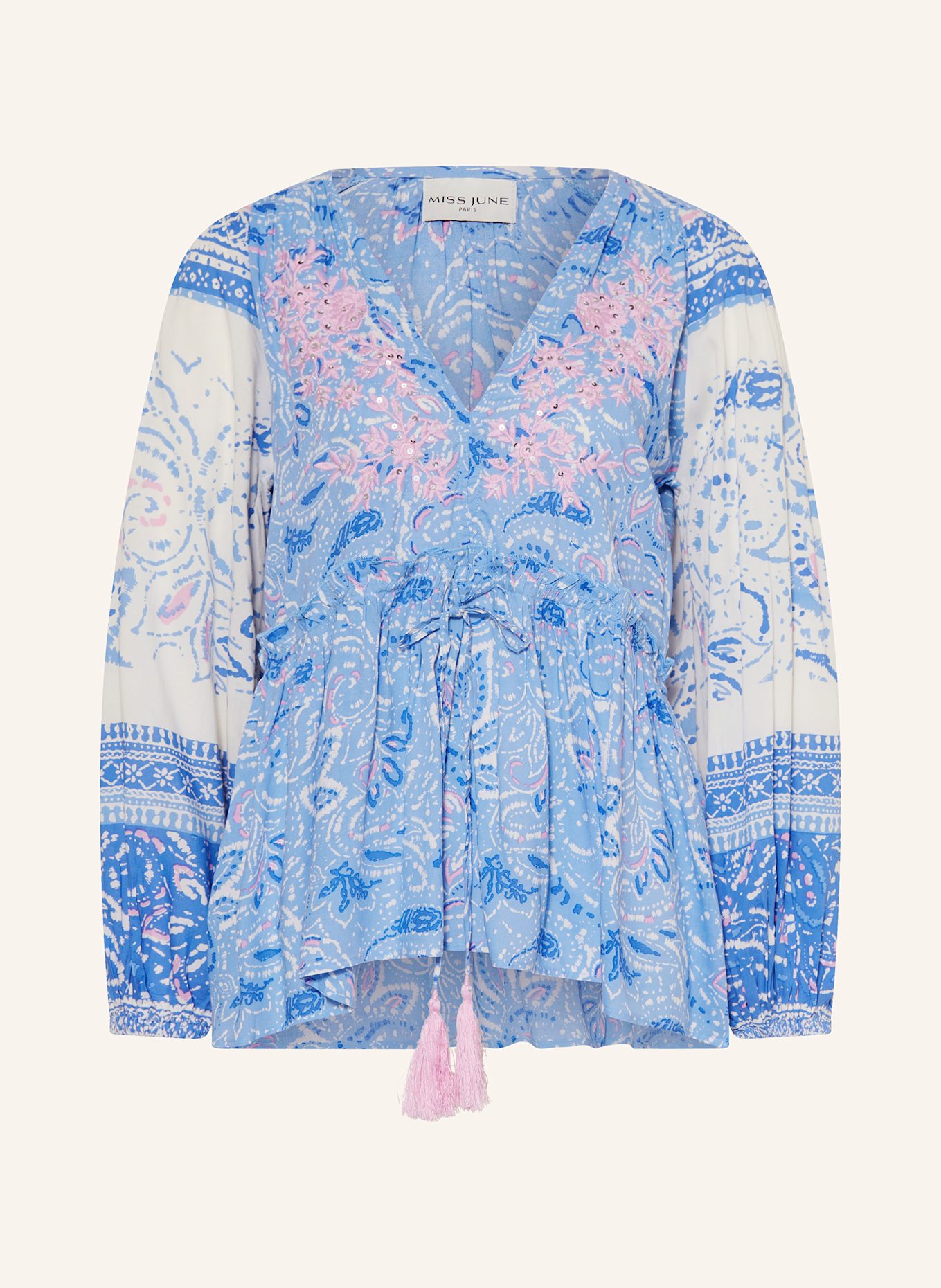 MISS JUNE Blusenshirt mit Pailletten: WEISS / HELLBLAU / ROSA