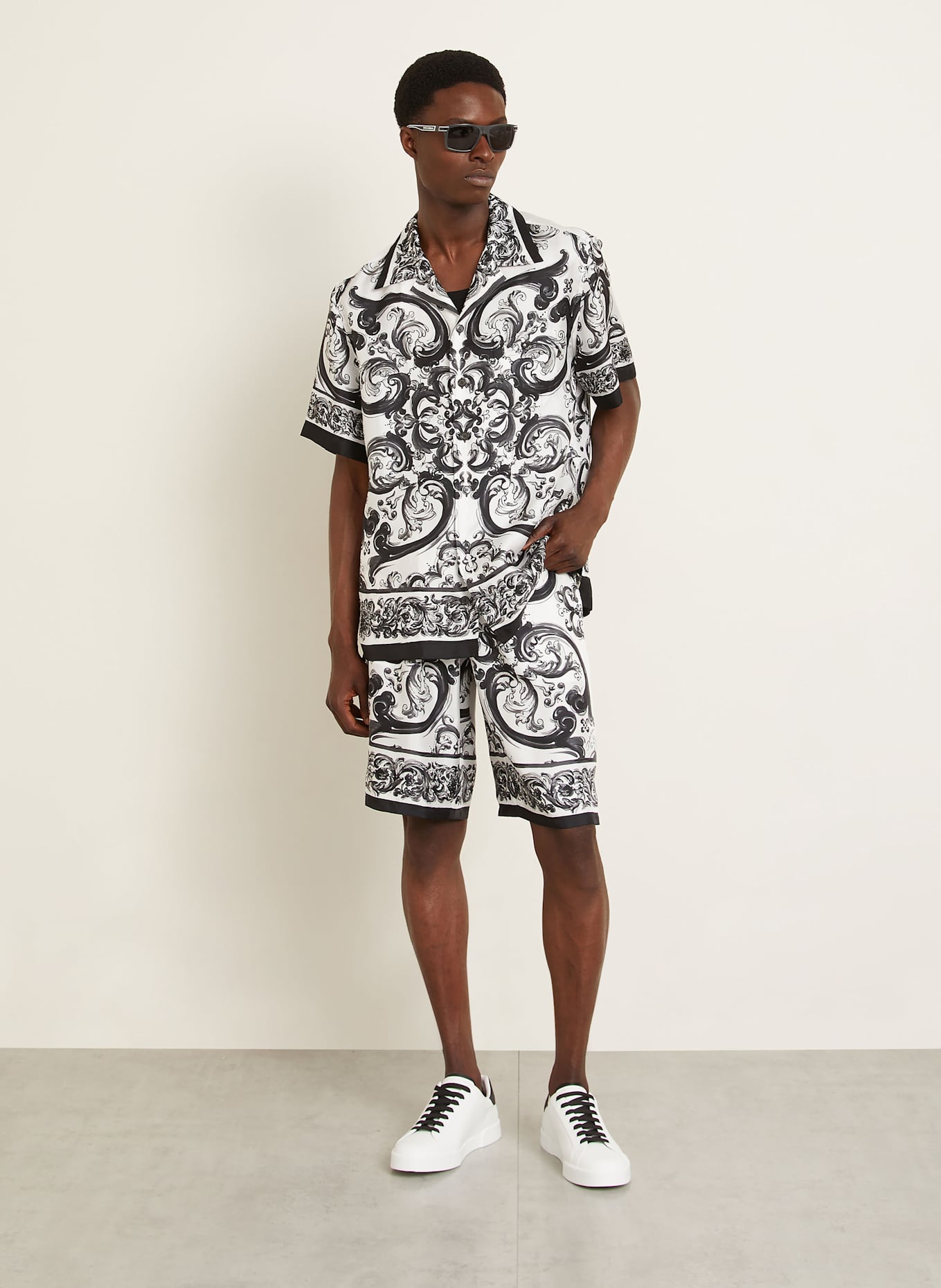 DOLCE & GABBANA Hedvábná košile Comfort Fit: ČERNÁ/ BÍLÁ/ TMAVĚ ŠEDÁ