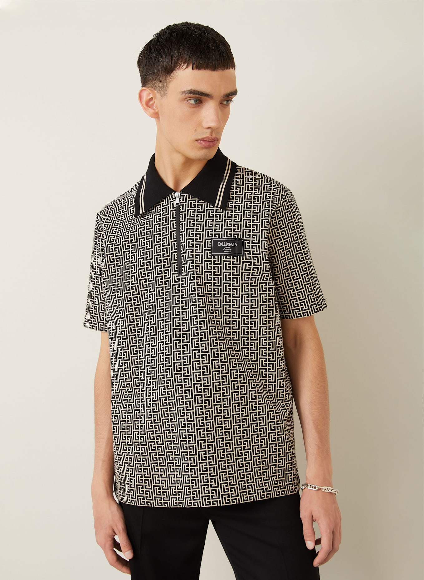 BALMAIN Strick-Poloshirt: SCHWARZ / CREME