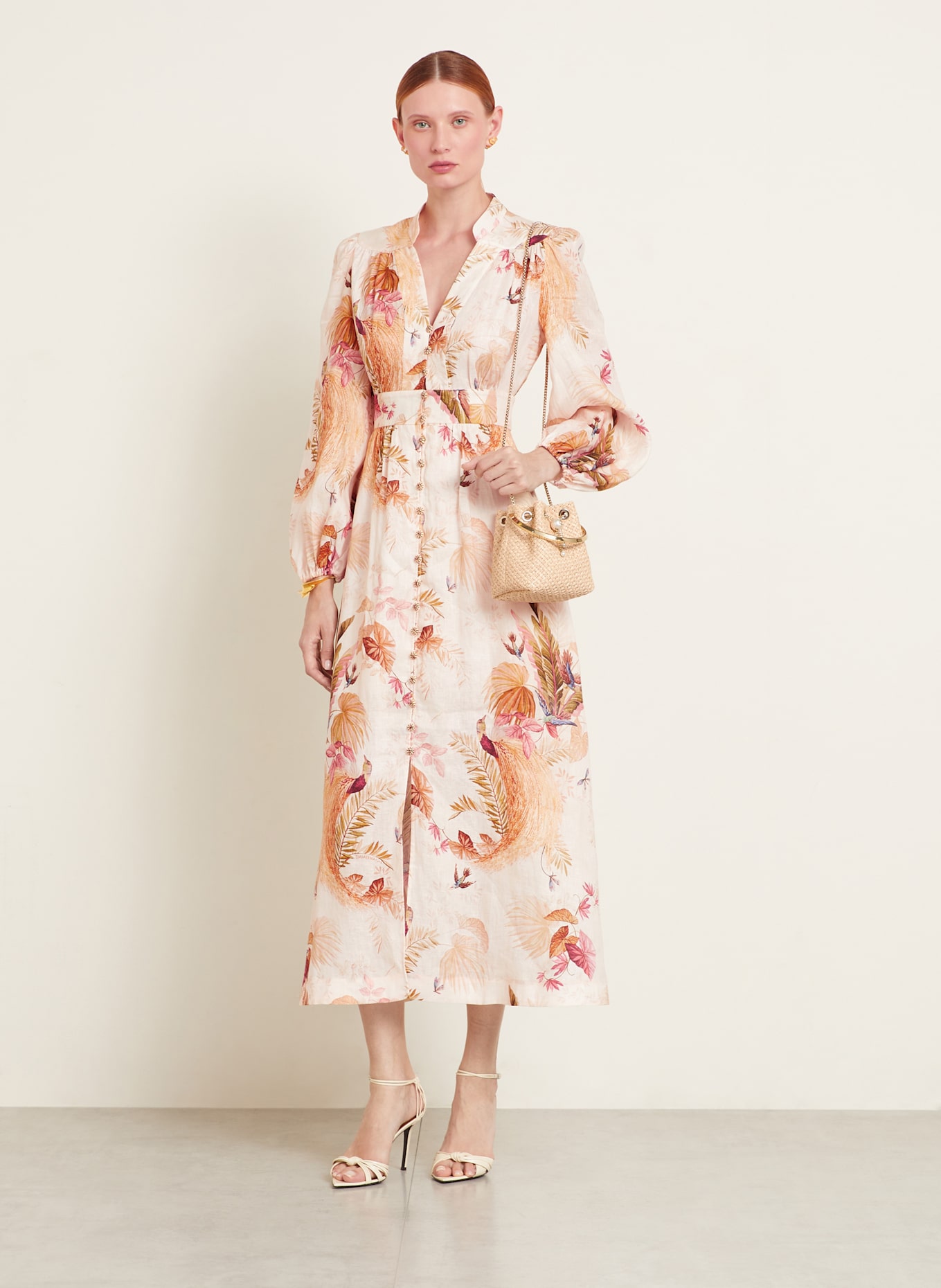 ZIMMERMANN Leinenkleid ASCENSION: CREME / DUNKELORANGE / ROT