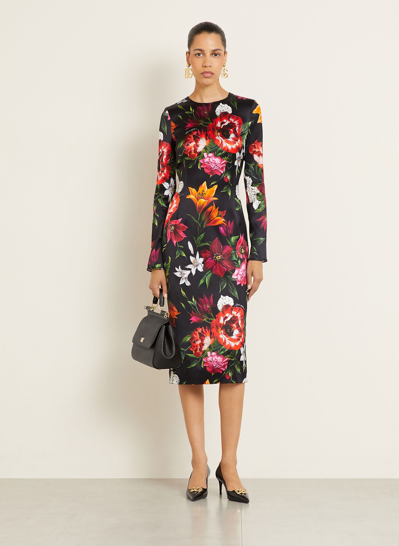 DOLCE & GABBANA Etuikleid aus Satin: SCHWARZ/ ROT/ ORANGE