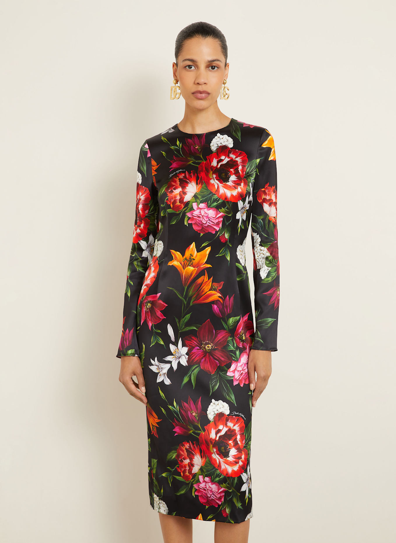 DOLCE & GABBANA Etuikleid aus Satin: SCHWARZ/ ROT/ ORANGE
