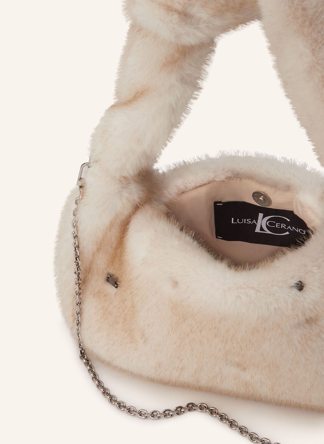 LUISA CERANO Umhängetasche aus Kunstfell mit Schmucksteinen: CREME