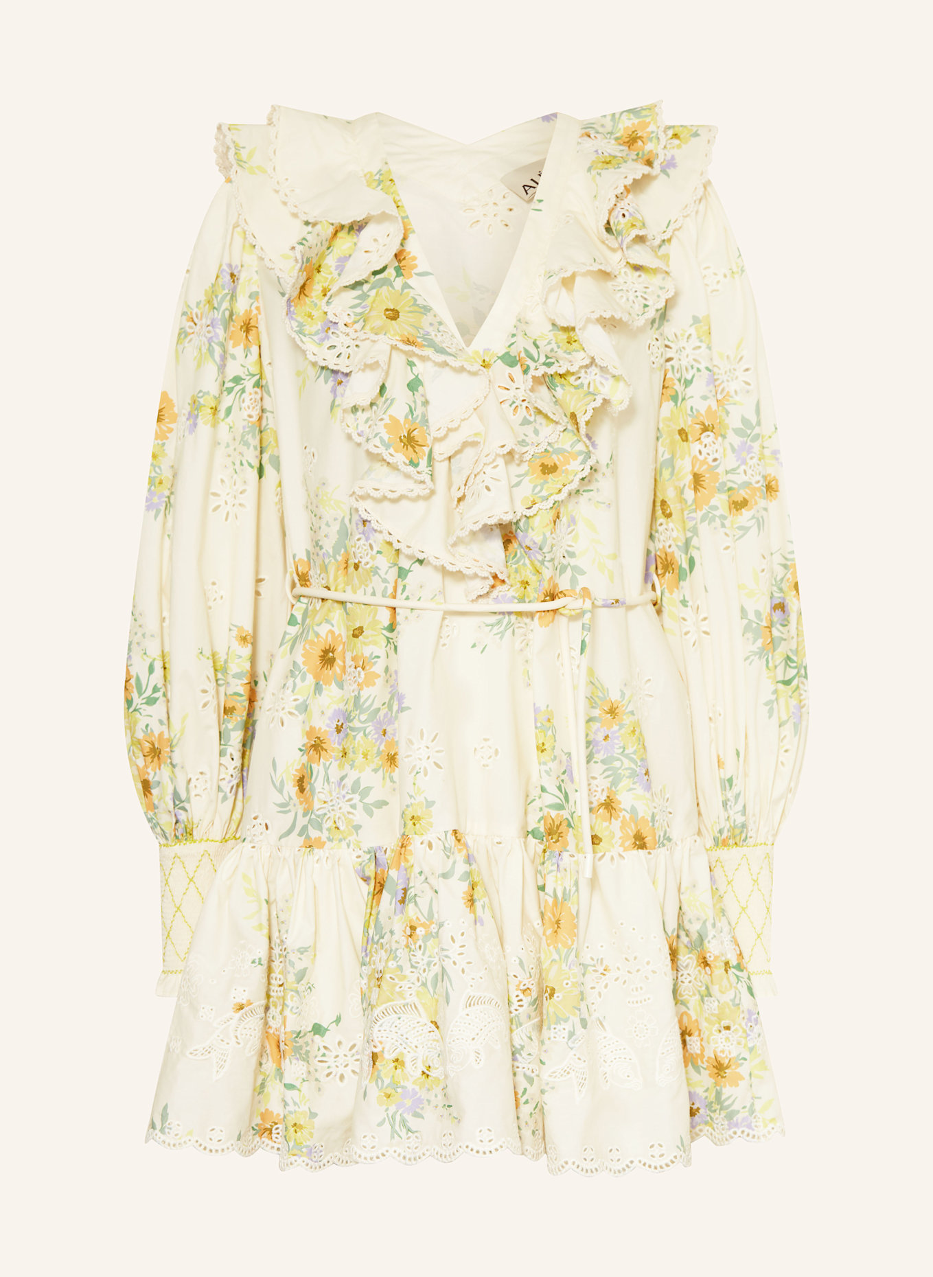 ALÉMAIS Sukienka JULIETTE z dziurkowaną koronką i wolantami: JASNOŻÓŁTY / JASNOZIELONY / JASNOPOMARAŃCZOWY