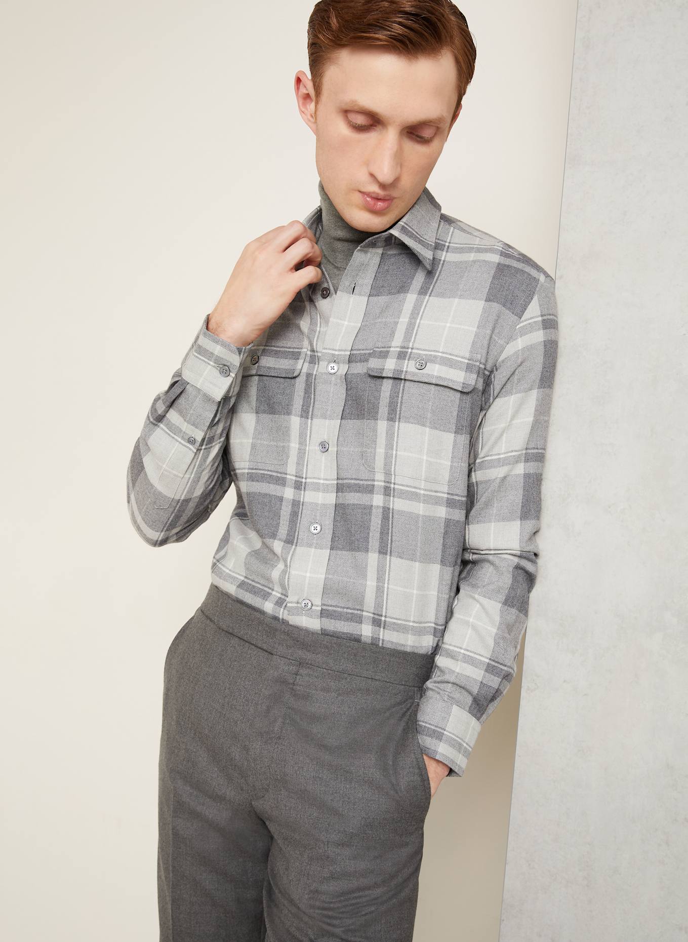 RALPH LAUREN PURPLE LABEL Flanellhemd Regular Fit mit Seide: GRAU / HELLGRAU / ECRU