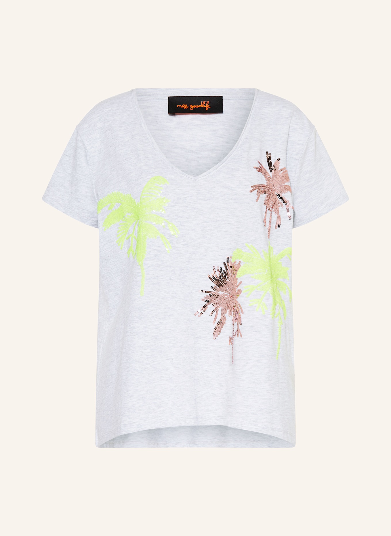 miss goodlife T-Shirt mit Pailletten: HELLGRAU / NEONGELB / ALTROSA